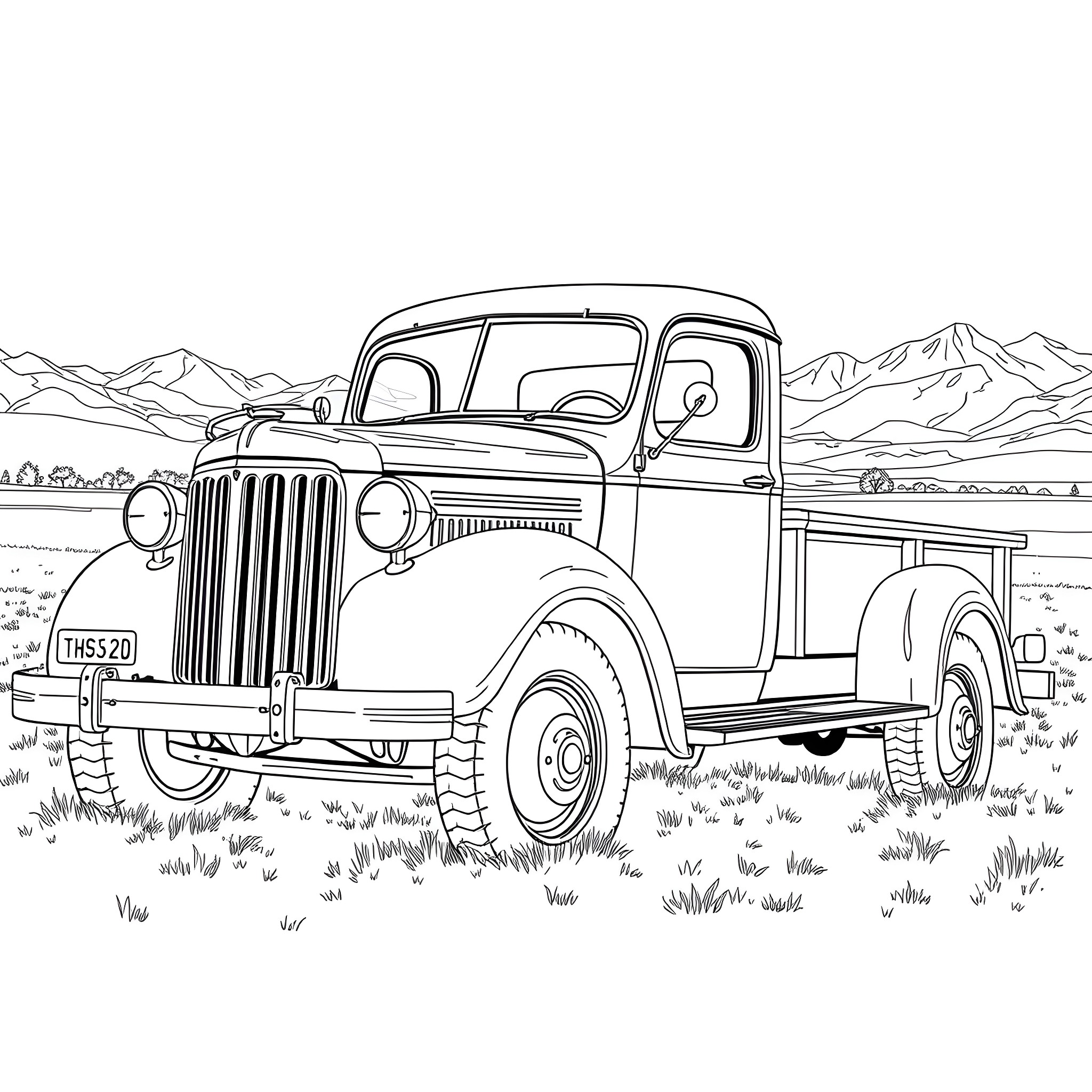 Truck parked in rural mountain landscape Coloring Page (free black-and-white line drawing printable PDF for all, from beginners to advanced learners, including children, teens, adults, and seniors)