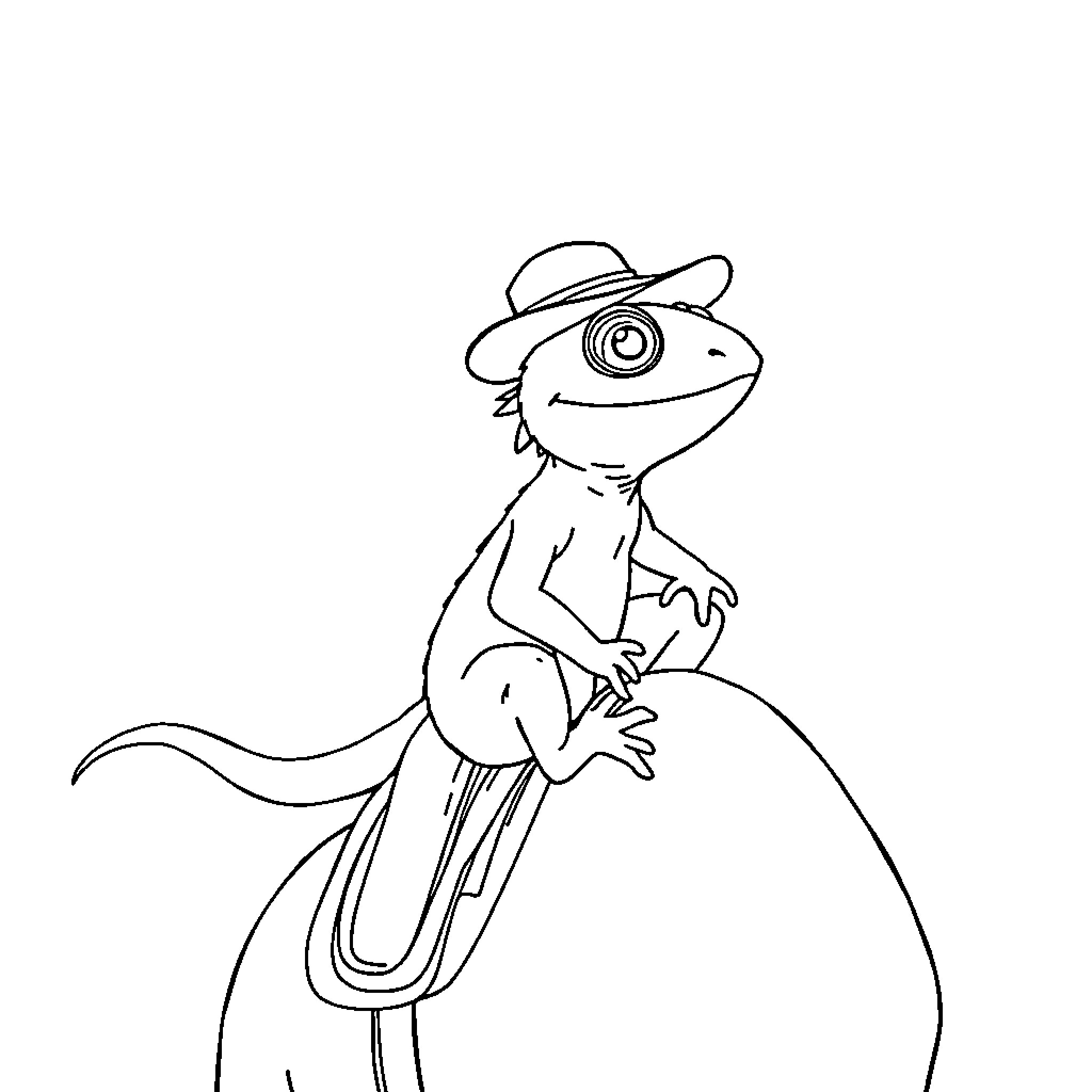 Lizard wearing a hat on a bicycle Coloring Page (free black-and-white line drawing printable PDF for all, from beginners to advanced learners, including children, teens, adults, and seniors)
