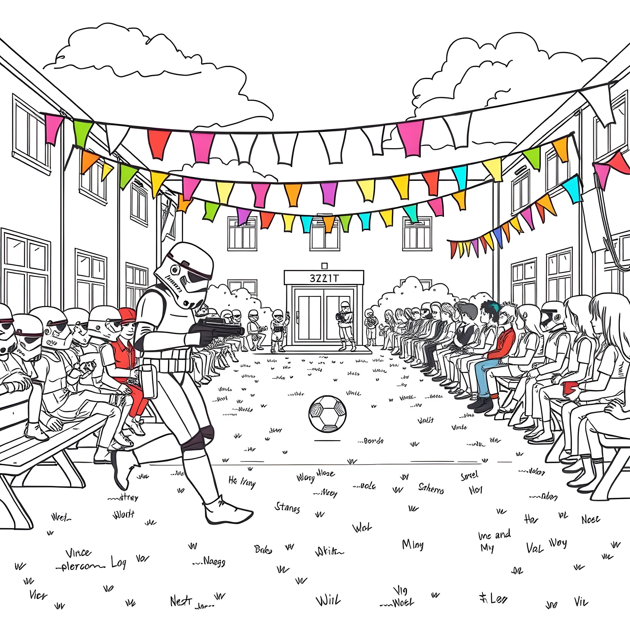 Stormtrooper playing soccer with joyful crowd in celebration Coloring Page (free black-and-white line drawing printable PDF for all, from beginners to advanced learners, including children, teens, adults, and seniors)