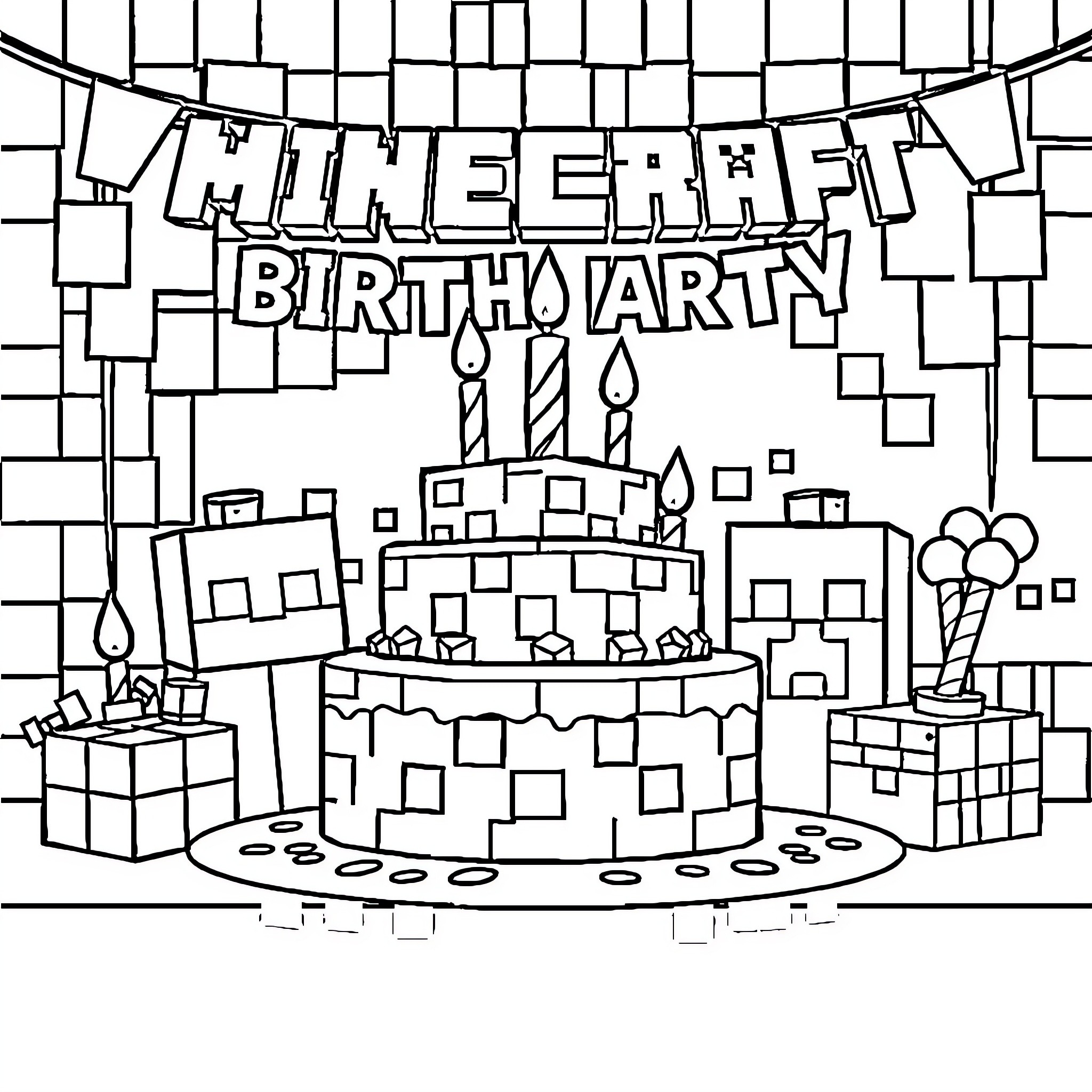 Minecraft Birthday Party Celebration Coloring Page (free black-and-white line drawing printable PDF for all, from beginners to advanced learners, including children, teens, adults, and seniors)