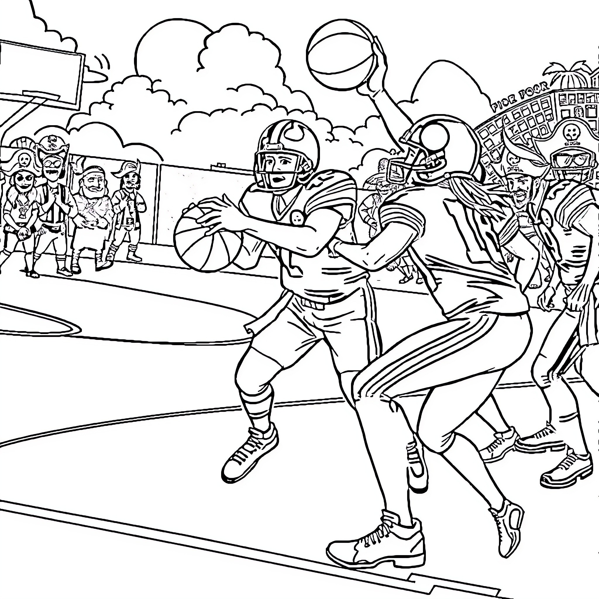 Pittsburgh Steelers players in action on the field Coloring Page (free black-and-white line drawing printable PDF for all, from beginners to advanced learners, including children, teens, adults, and seniors)