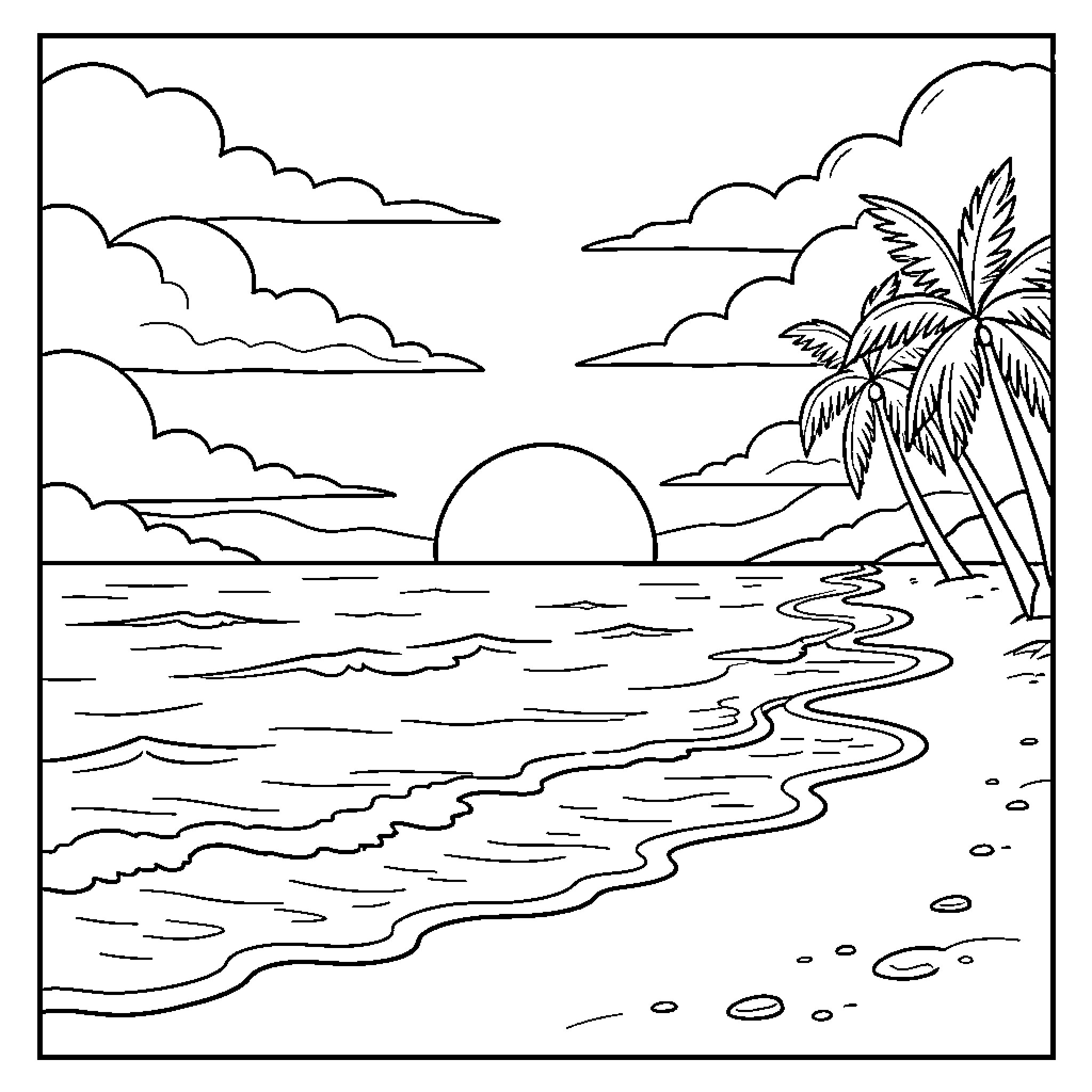Sunset over the Tropical Beach Coloring Page (free black-and-white line drawing printable PDF for all, from beginners to advanced learners, including children, teens, adults, and seniors)