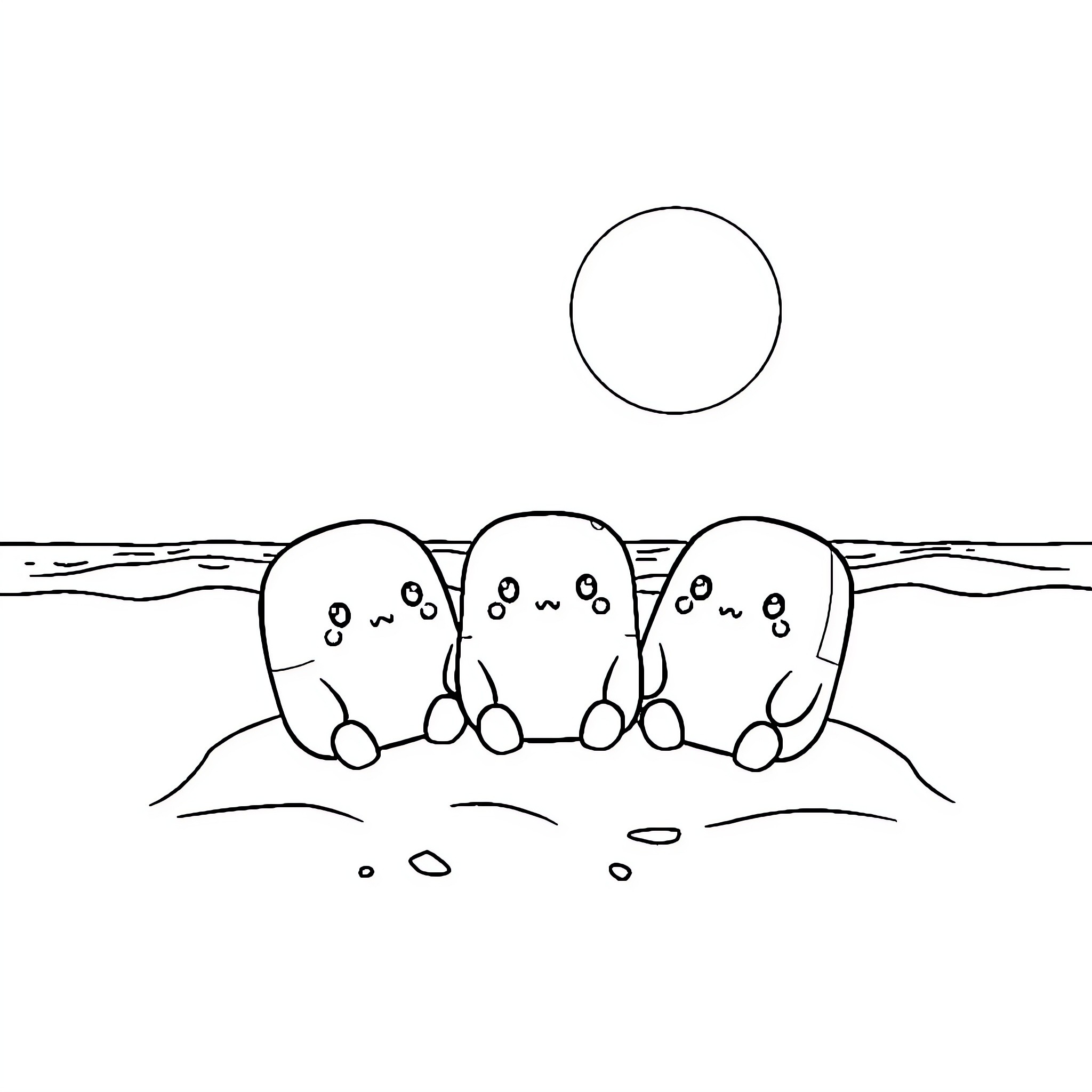 Squishmallows enjoying a sunny day at the beach Coloring Page (free black-and-white line drawing printable PDF for all, from beginners to advanced learners, including children, teens, adults, and seniors)