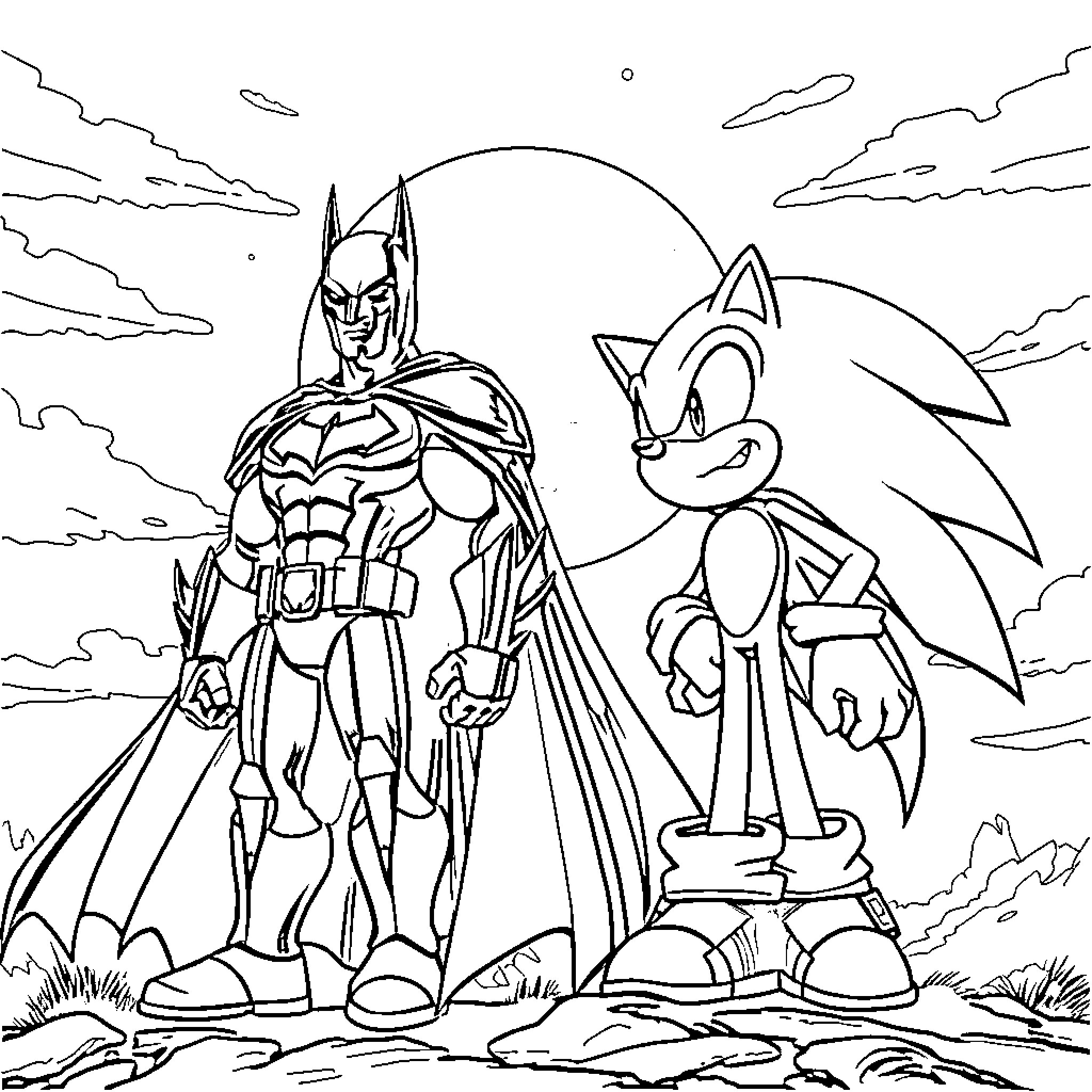 Batman and Sonic the Hedgehog in action-packed adventure Coloring Page (free black-and-white line drawing printable PDF for all, from beginners to advanced learners, including children, teens, adults, and seniors)