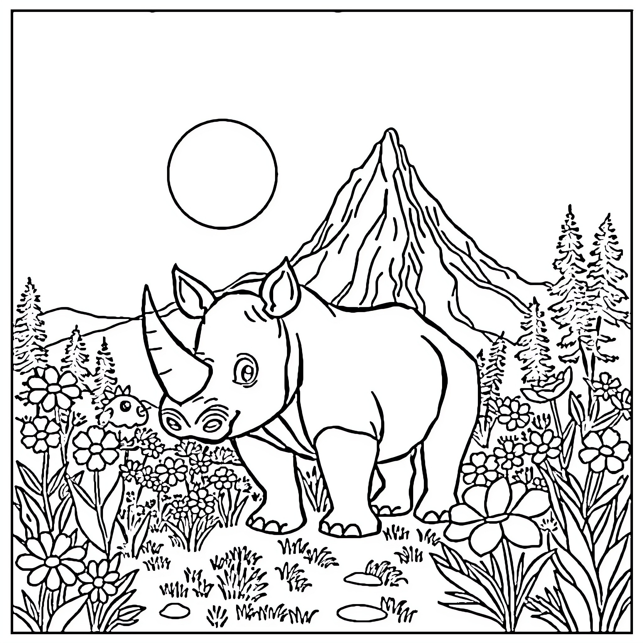 Rhinoceros exploring the scenic mountain landscape Coloring Page (free black-and-white line drawing printable PDF for all, from beginners to advanced learners, including children, teens, adults, and seniors)