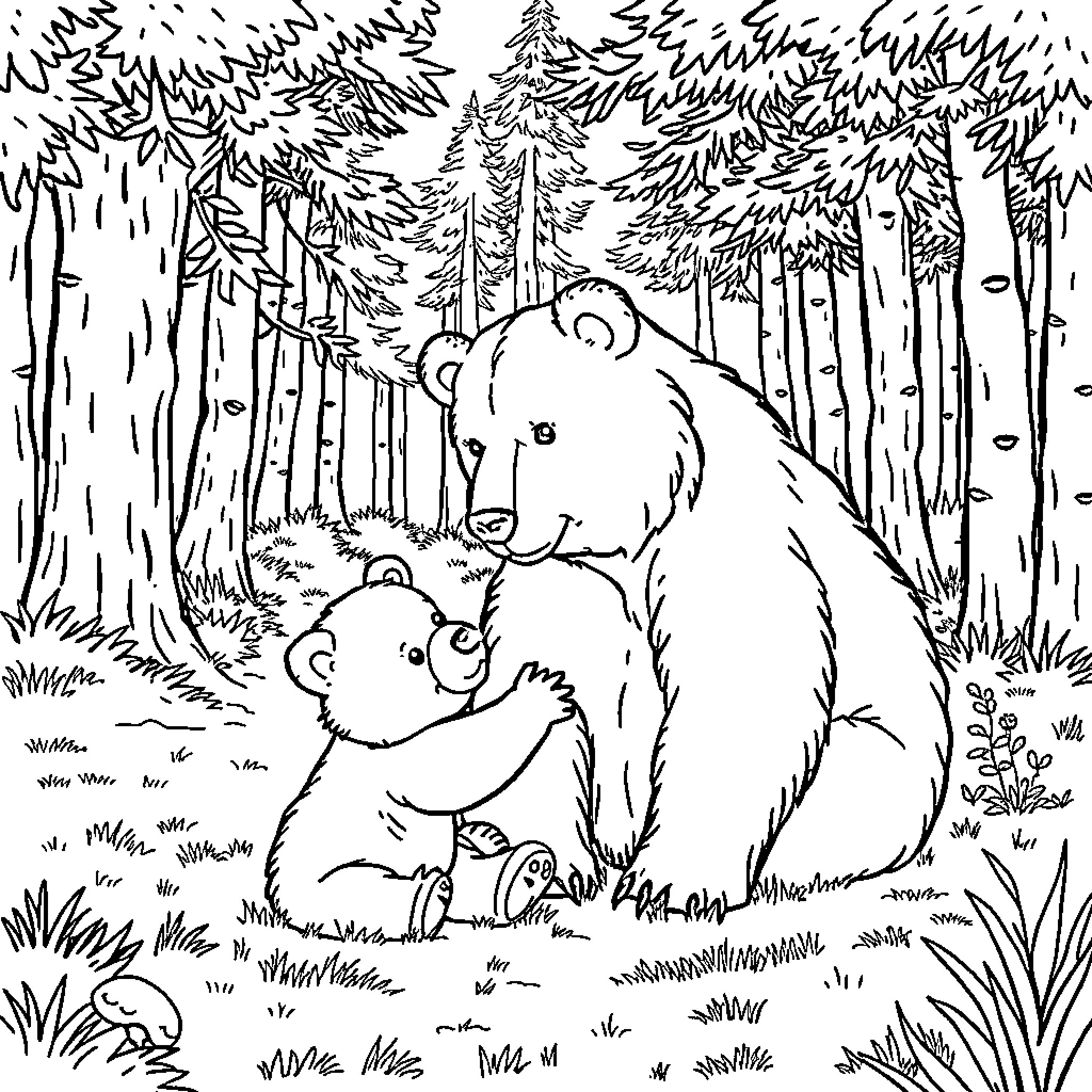 Bear and cub in the forested wilderness Coloring Page (free black-and-white line drawing printable PDF for all, from beginners to advanced learners, including children, teens, adults, and seniors)