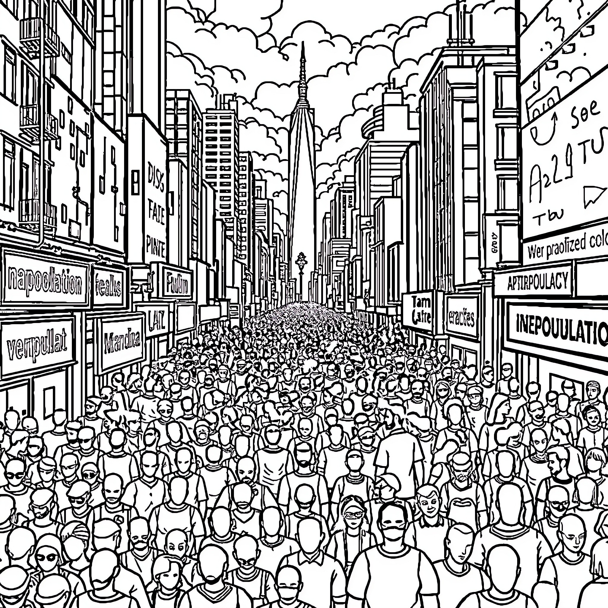 Overpopulation in the crowded city streets Coloring Page (free black-and-white line drawing printable PDF for all, from beginners to advanced learners, including children, teens, adults, and seniors)