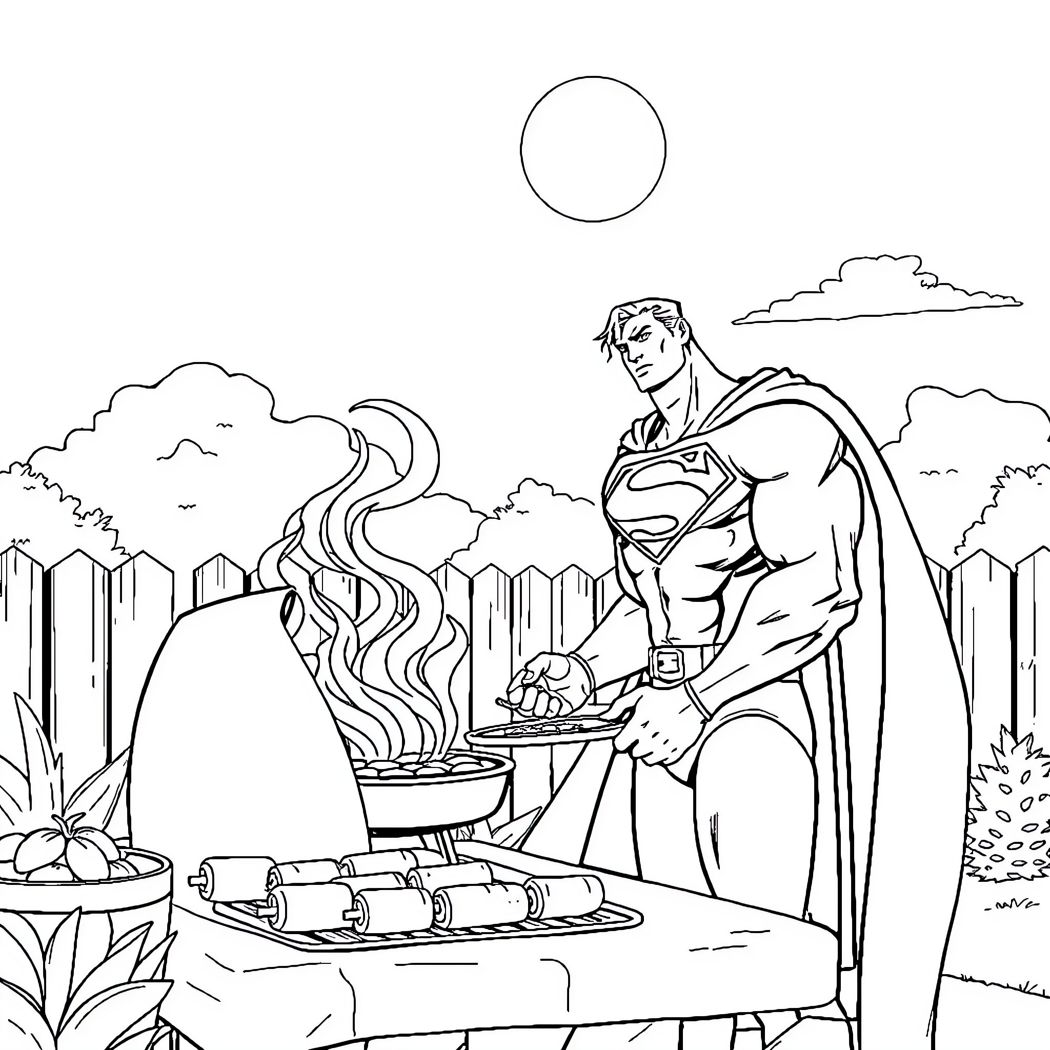 Superman grilling food on a summer day Coloring Page (free black-and-white line drawing printable PDF for all, from beginners to advanced learners, including children, teens, adults, and seniors)