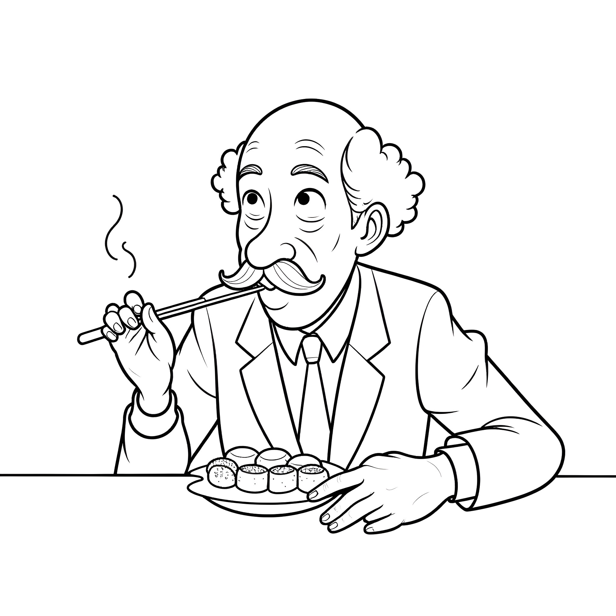 Groucho Marx enjoys a cigar and sushi Coloring Page (free black-and-white line drawing printable PDF for all, from beginners to advanced learners, including children, teens, adults, and seniors)