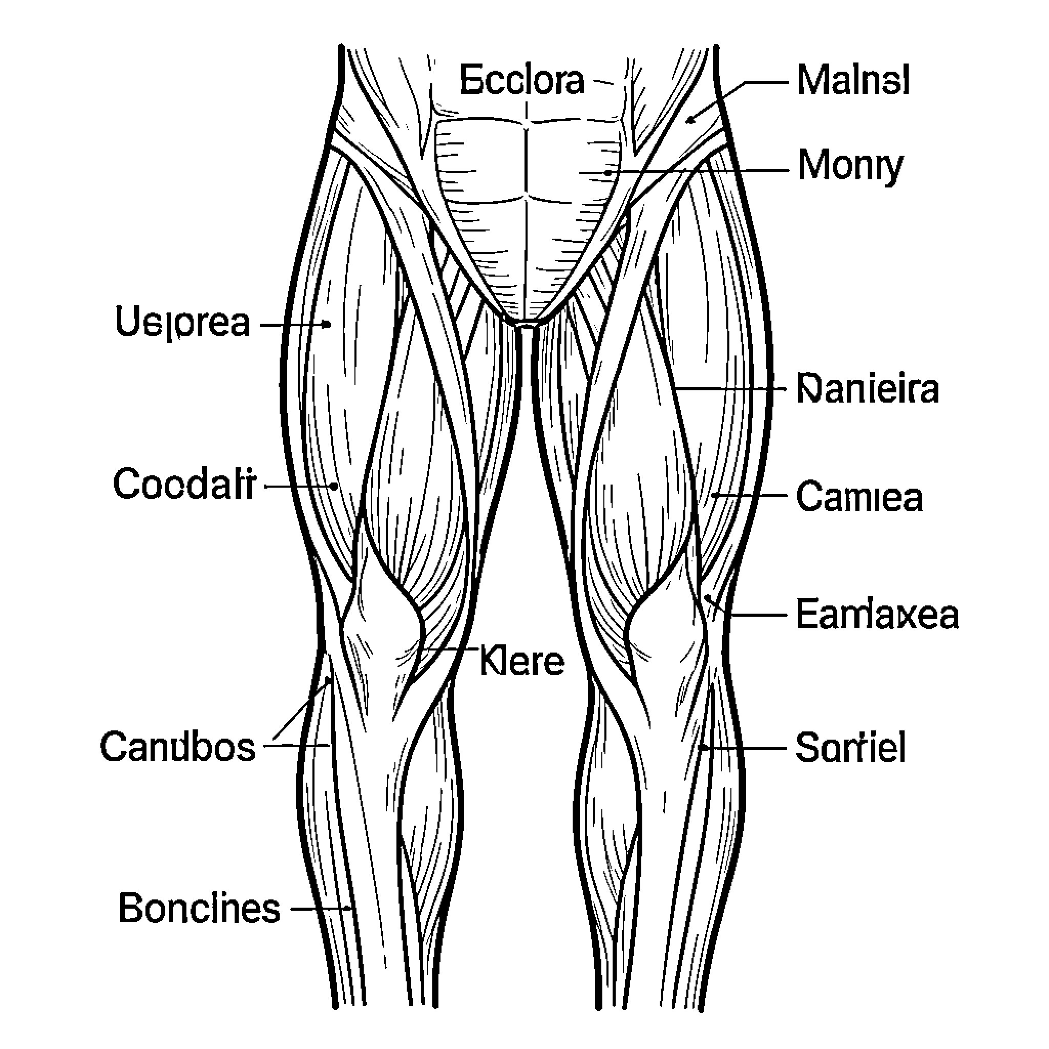 Thigh Muscles Diagram Showing Anatomical Structures Coloring Page (free black-and-white line drawing printable PDF for all, from beginners to advanced learners, including children, teens, adults, and seniors)