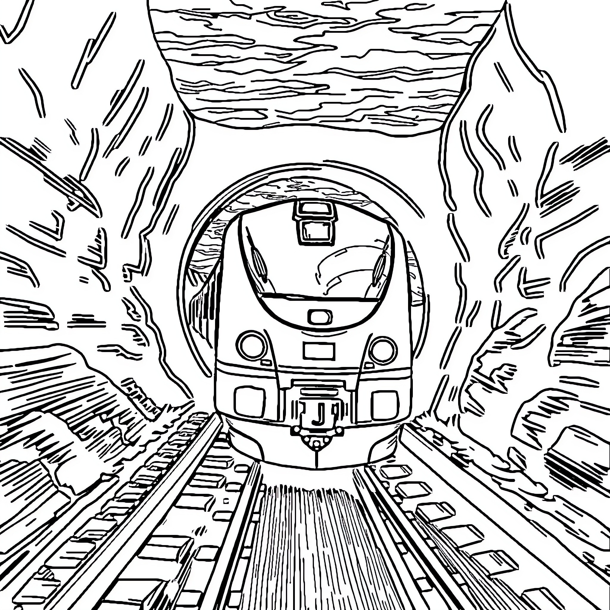 Train speeding through a tunnel Coloring Page (free black-and-white line drawing printable PDF for all, from beginners to advanced learners, including children, teens, adults, and seniors)