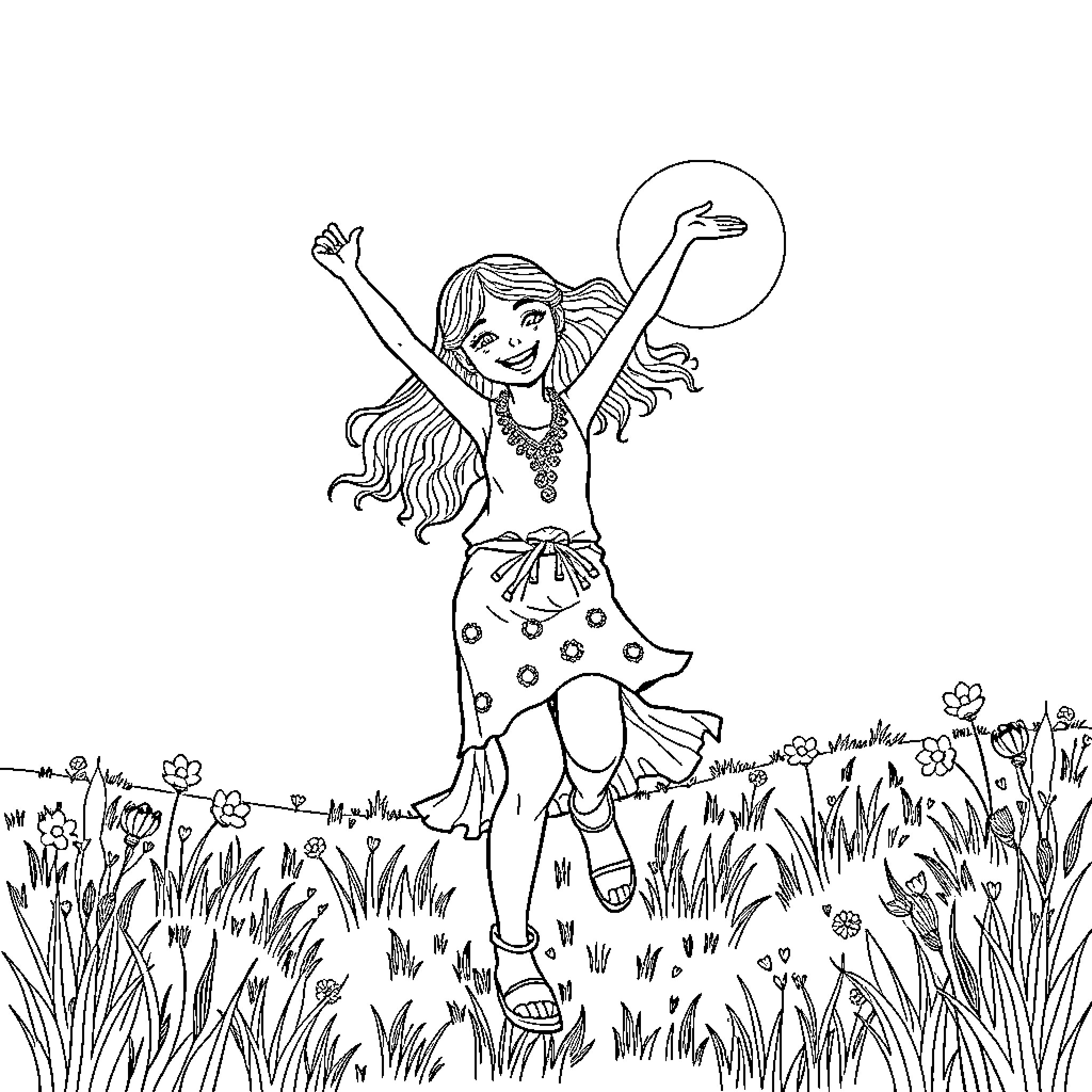 Hippie Girl Joyfully Dancing in Nature Coloring Page (free black-and-white line drawing printable PDF for all, from beginners to advanced learners, including children, teens, adults, and seniors)