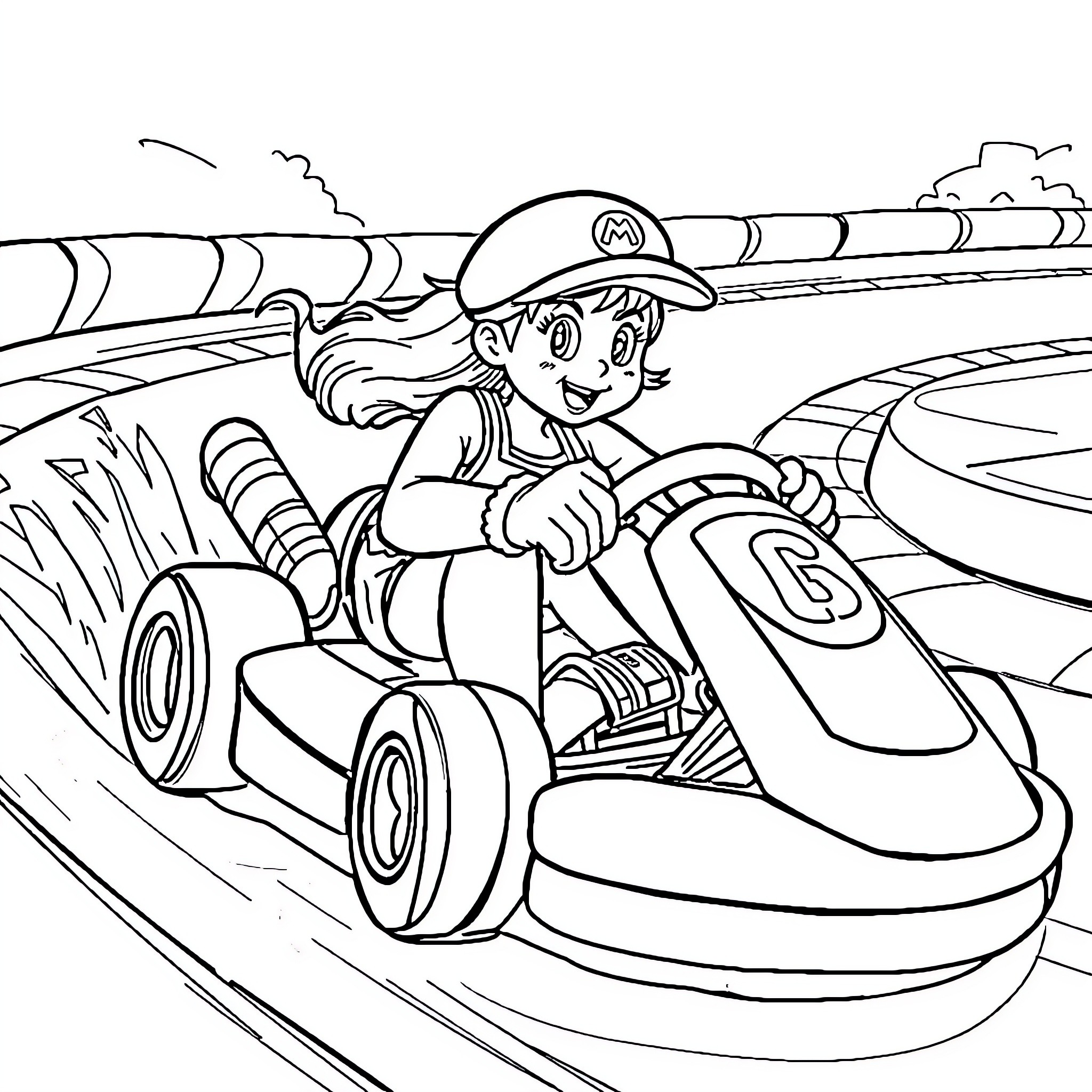 Wendy's Kart Racing Adventure Coloring Page (free black-and-white line drawing printable PDF for all, from beginners to advanced learners, including children, teens, adults, and seniors)