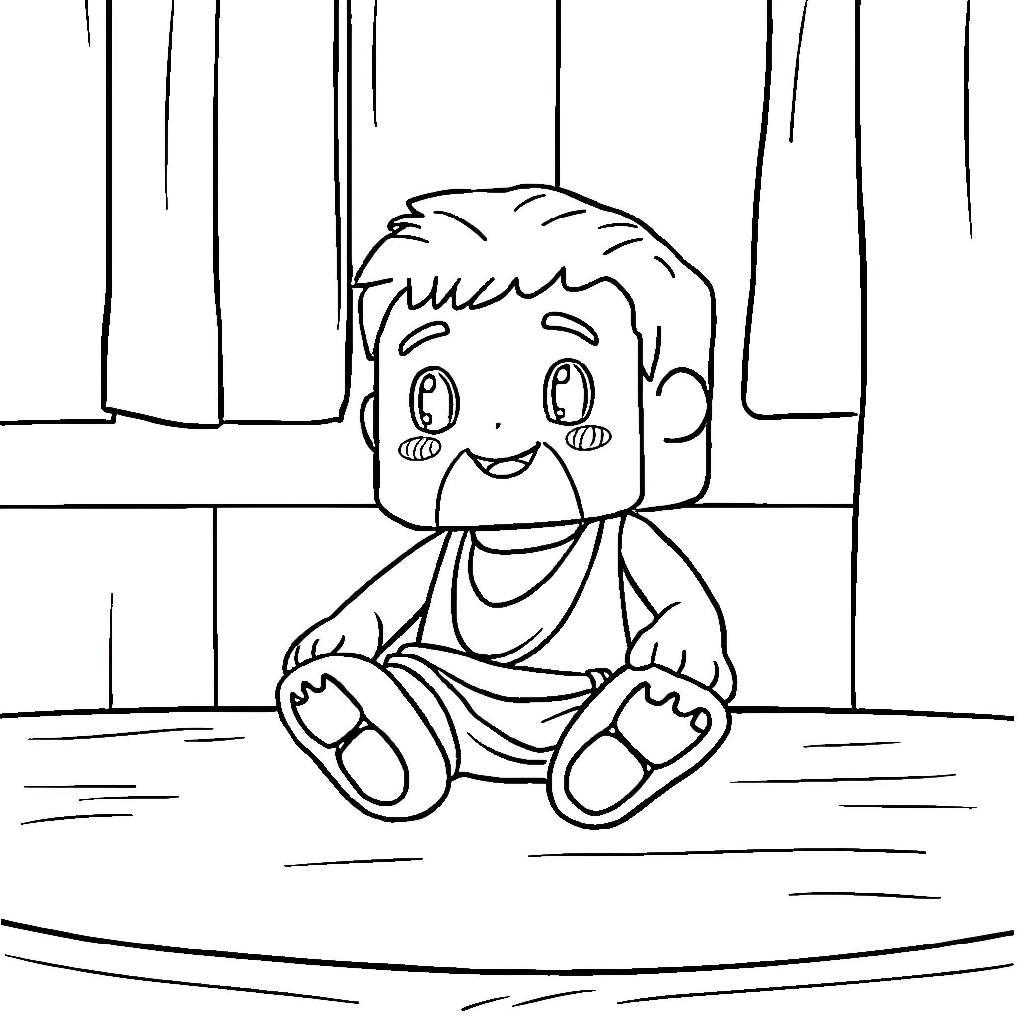 Joshua Block sitting happily on the floor Coloring Page (free black-and-white line drawing printable PDF for all, from beginners to advanced learners, including children, teens, adults, and seniors)
