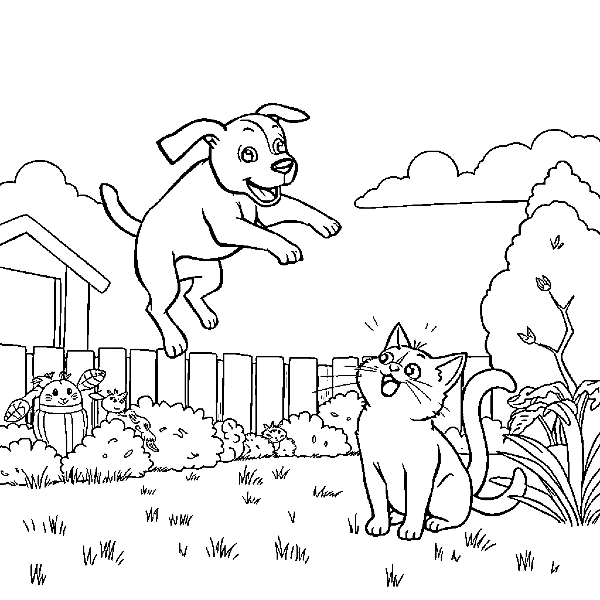 Dog Jumping Happily Over Fence with Cat Coloring Page (free black-and-white line drawing printable PDF for all, from beginners to advanced learners, including children, teens, adults, and seniors)