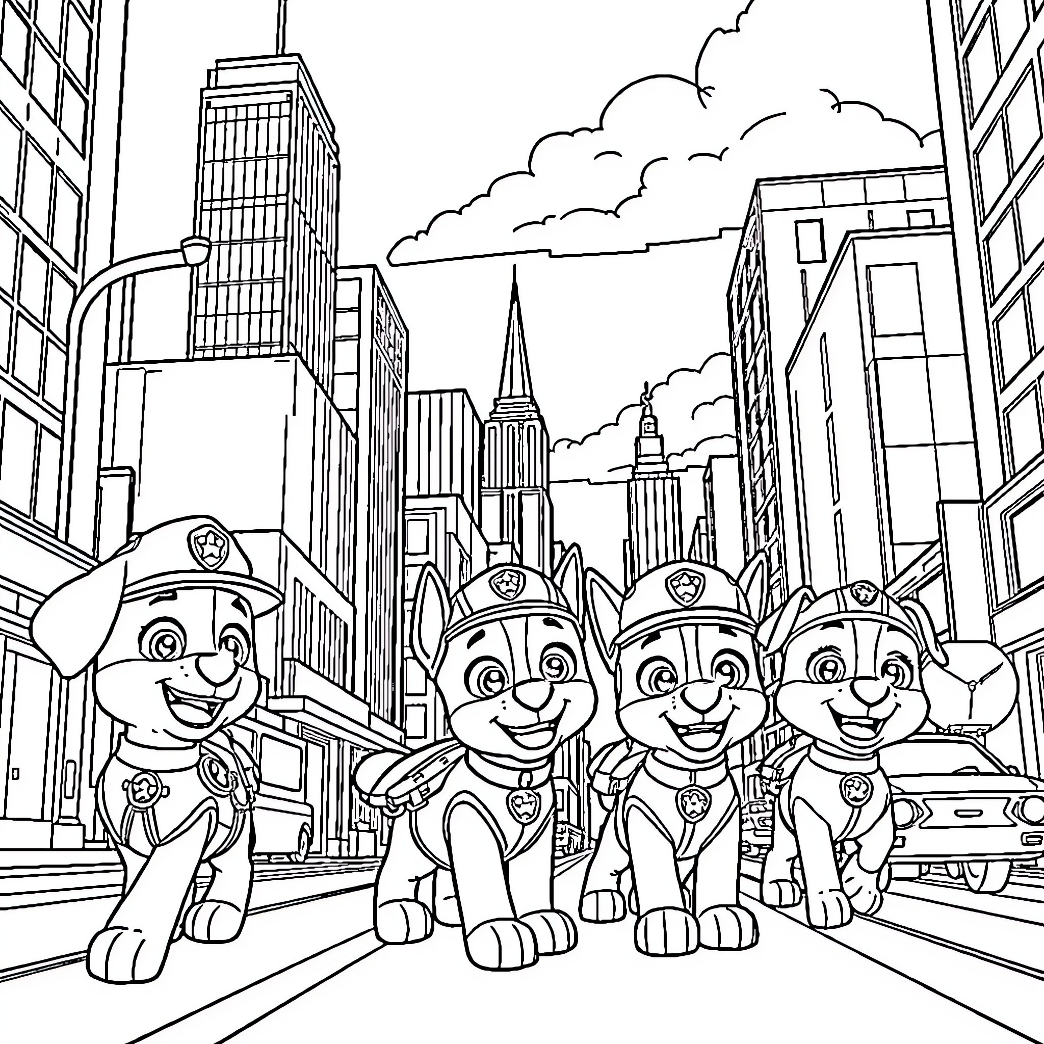 Paw Patrol Exploring the City Coloring Page (free black-and-white line drawing printable PDF for all, from beginners to advanced learners, including children, teens, adults, and seniors)