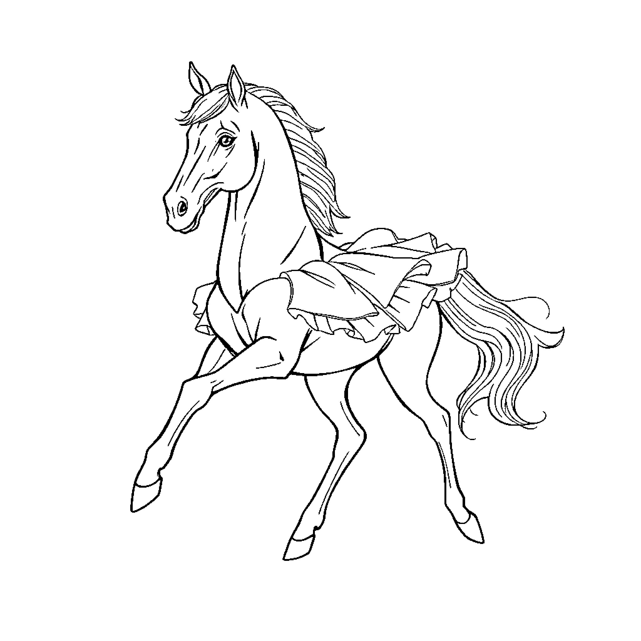 Horse galloping with flowing mane Coloring Page (free black-and-white line drawing printable PDF for all, from beginners to advanced learners, including children, teens, adults, and seniors)
