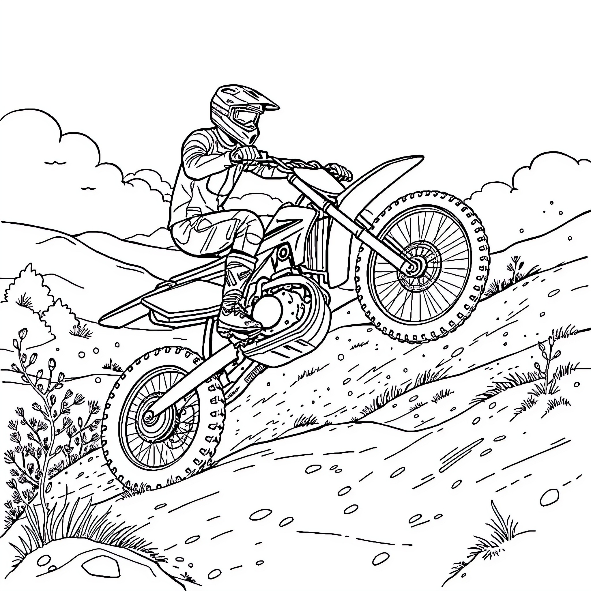 Moto rider races through rugged terrain Coloring Page (free black-and-white line drawing printable PDF for all, from beginners to advanced learners, including children, teens, adults, and seniors)
