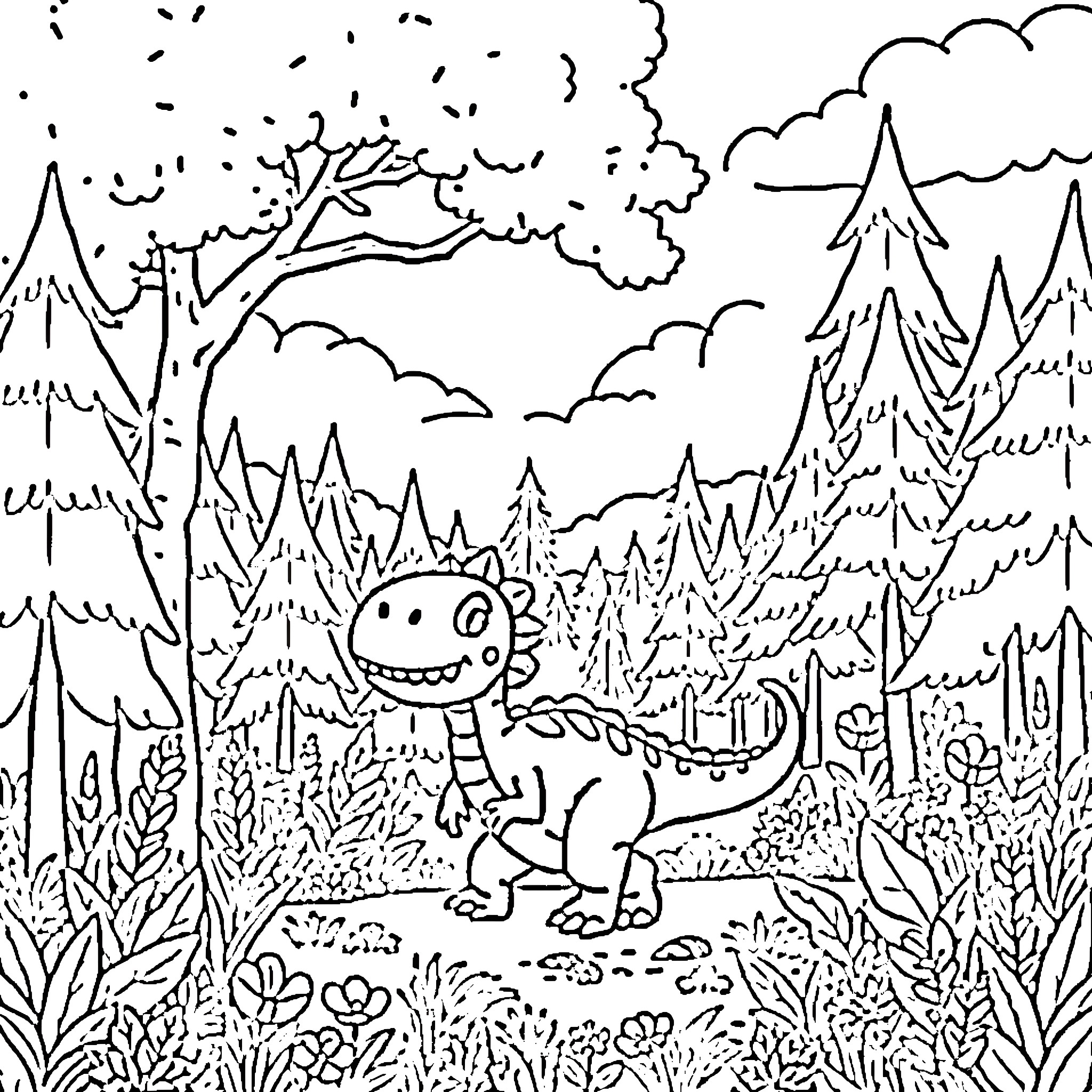 Dinosaur exploring the lush forest landscape Coloring Page (free black-and-white line drawing printable PDF for all, from beginners to advanced learners, including children, teens, adults, and seniors)