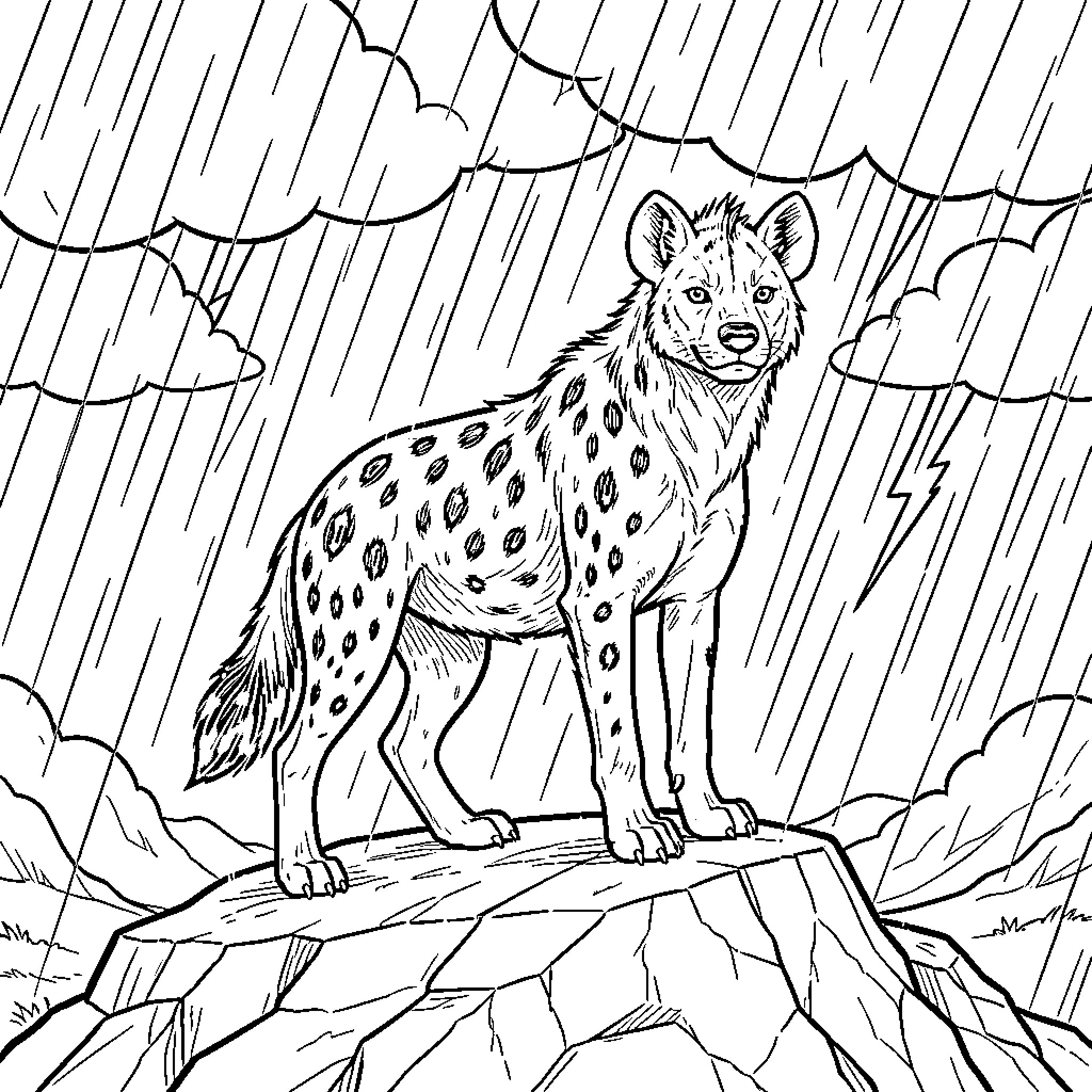 Hyena standing on a rock during a storm Coloring Page (free black-and-white line drawing printable PDF for all, from beginners to advanced learners, including children, teens, adults, and seniors)