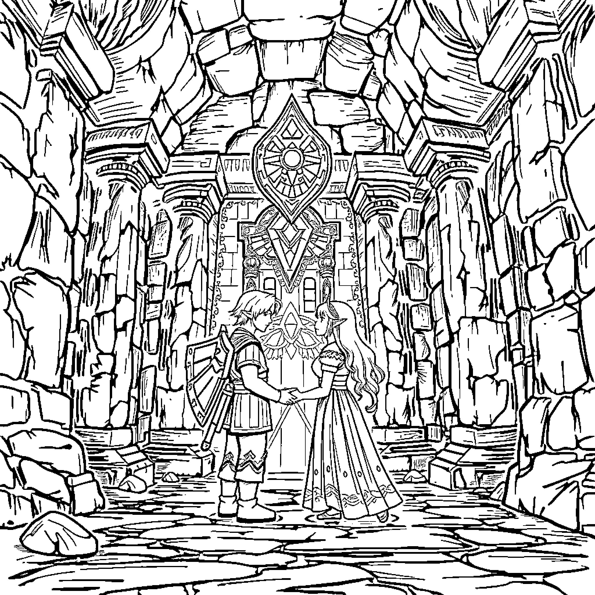 Link and Princess Embracing in Castle Courtyard Coloring Page (free black-and-white line drawing printable PDF for all, from beginners to advanced learners, including children, teens, adults, and seniors)