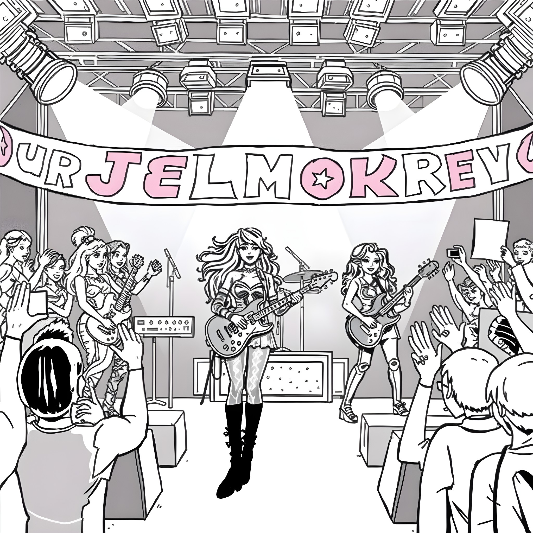 Jem and the Holograms performing on stage Coloring Page (free black-and-white line drawing printable PDF for all, from beginners to advanced learners, including children, teens, adults, and seniors)