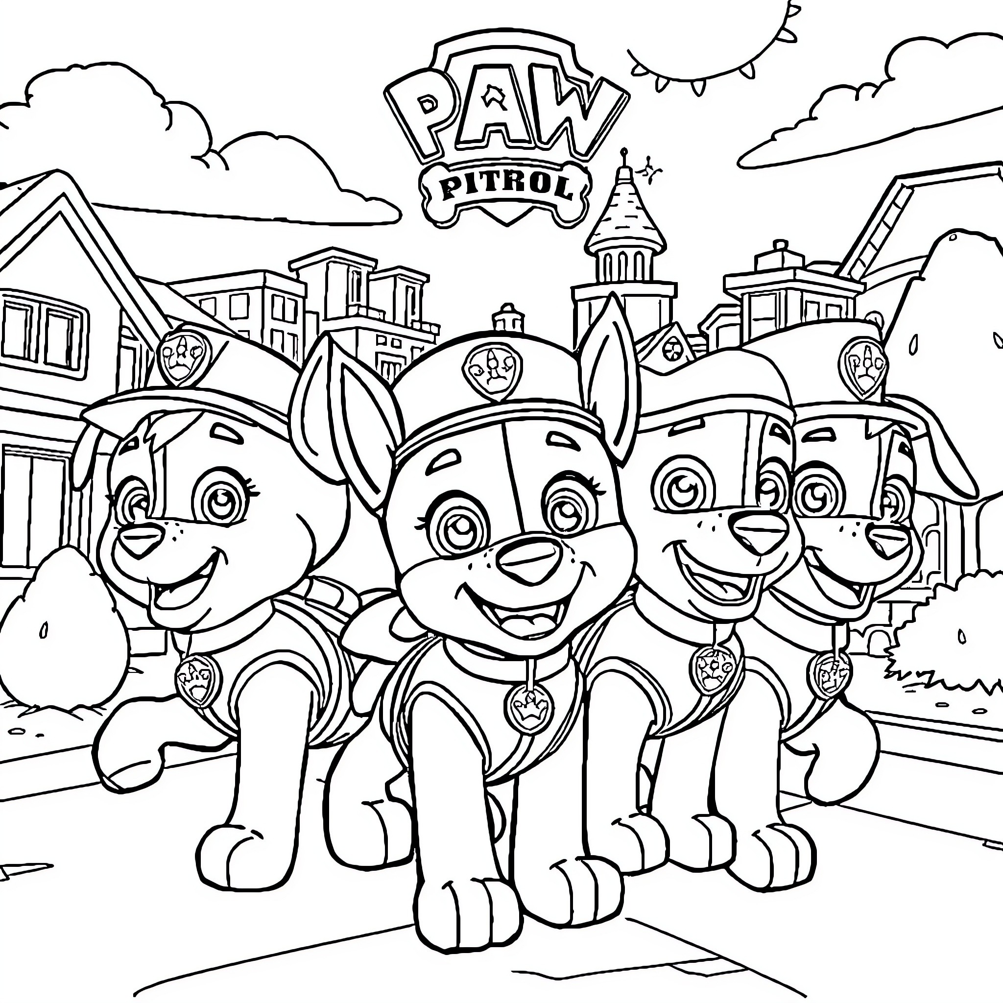 Paw Patrol Characters Exploring the Town Coloring Page (free black-and-white line drawing printable PDF for all, from beginners to advanced learners, including children, teens, adults, and seniors)