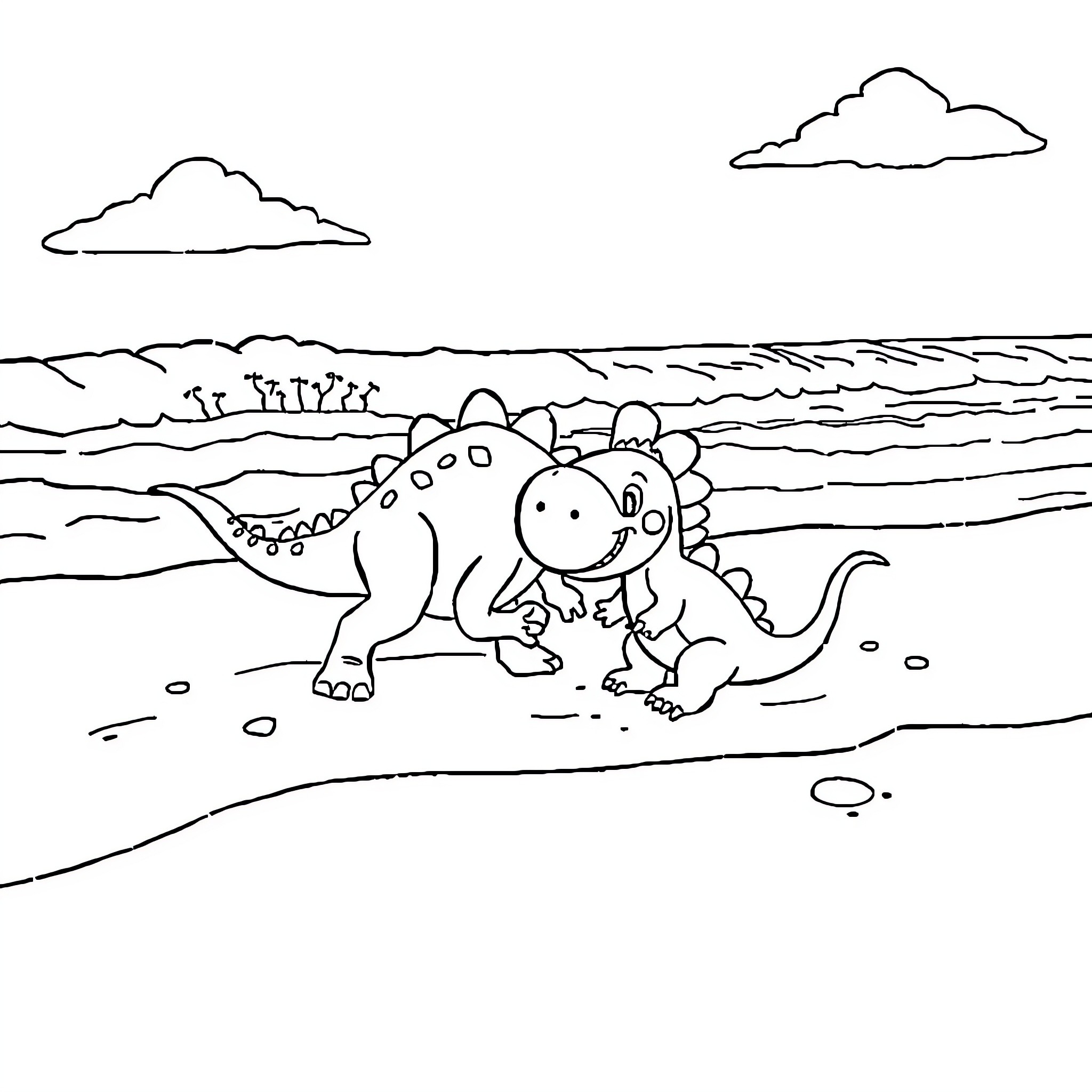 Dino Exploring the Outdoors Coloring Page (free black-and-white line drawing printable PDF for all, from beginners to advanced learners, including children, teens, adults, and seniors)