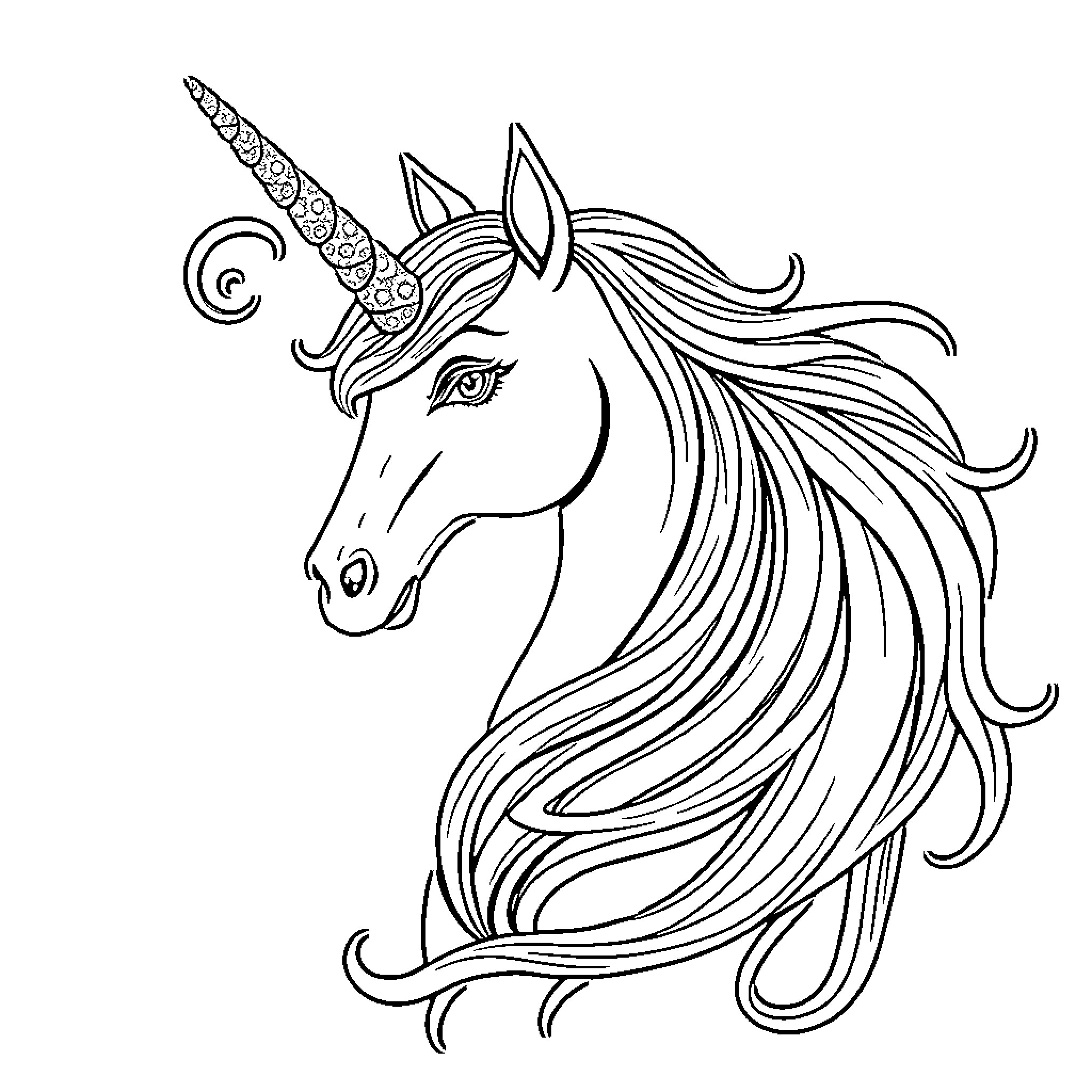 Unicorn with Majestic Mane and Horn Coloring Page (free black-and-white line drawing printable PDF for all, from beginners to advanced learners, including children, teens, adults, and seniors)