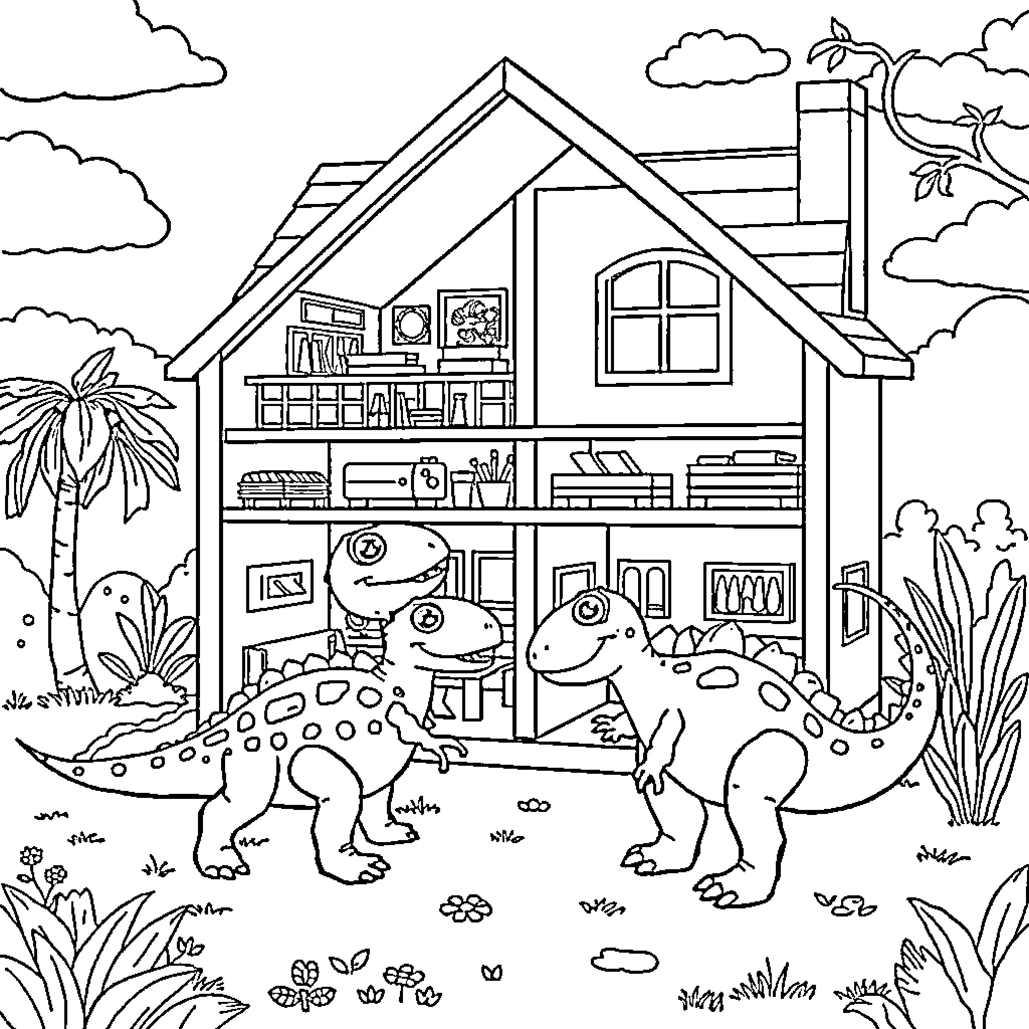 Dollhouse with playful dinosaur characters Coloring Page (free black-and-white line drawing printable PDF for all, from beginners to advanced learners, including children, teens, adults, and seniors)