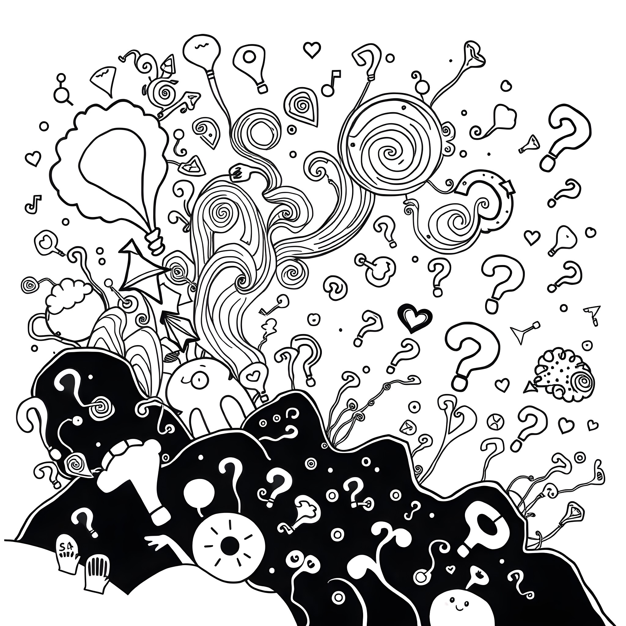 Thought-provoking Curiosity and Imagination Unleashed Coloring Page (free black-and-white line drawing printable PDF for all, from beginners to advanced learners, including children, teens, adults, and seniors)