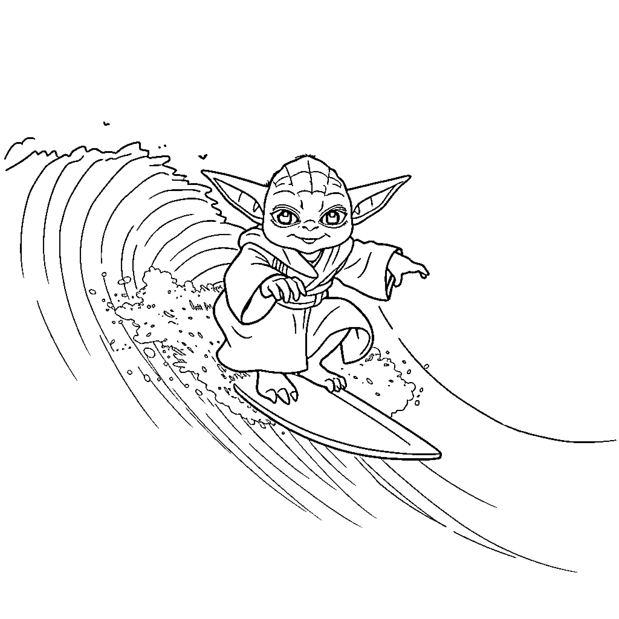Yoda surfing on a wave Coloring Page (free black-and-white line drawing printable PDF for all, from beginners to advanced learners, including children, teens, adults, and seniors)