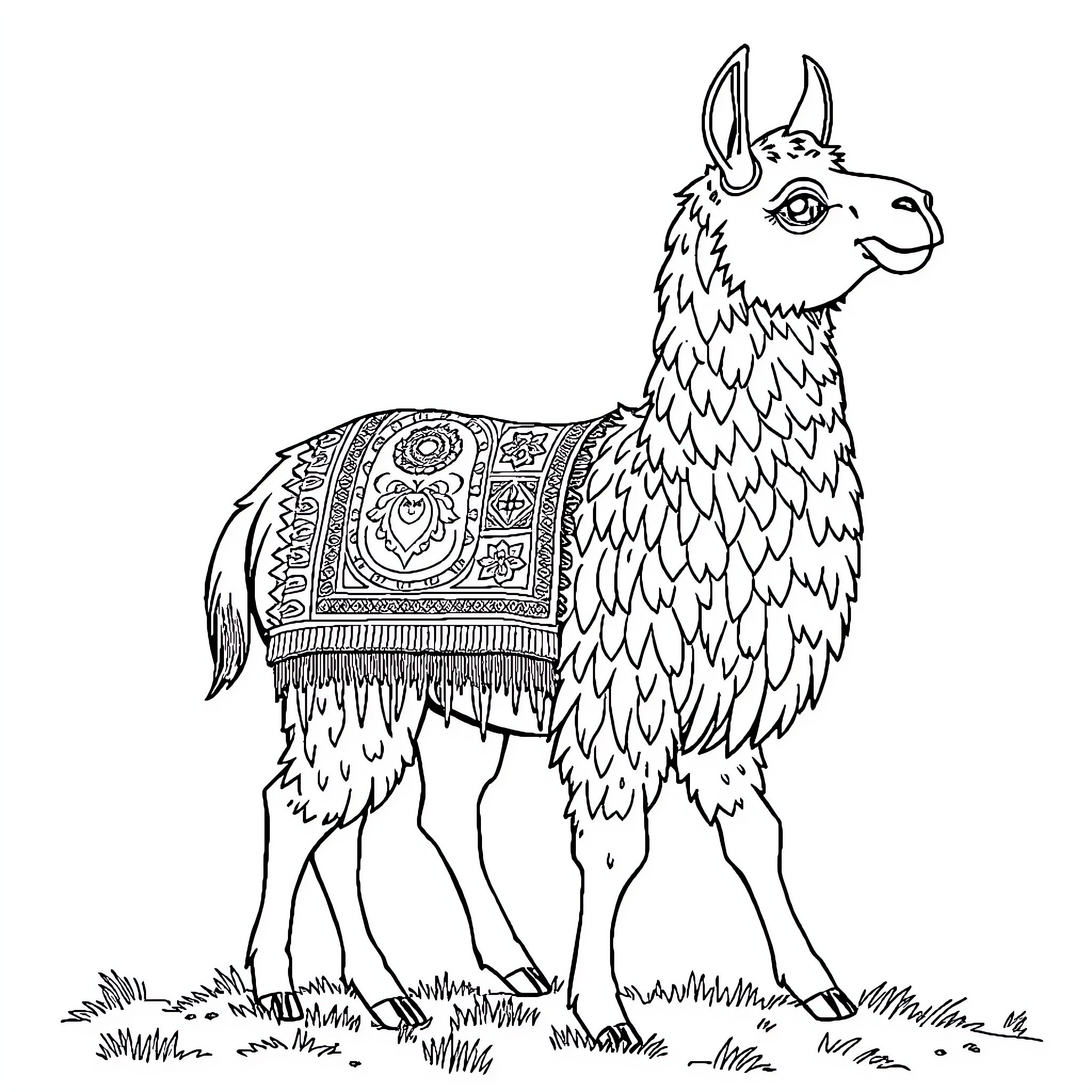 Elephant with ornate patterned blanket Coloring Page (free black-and-white line drawing printable PDF for all, from beginners to advanced learners, including children, teens, adults, and seniors)