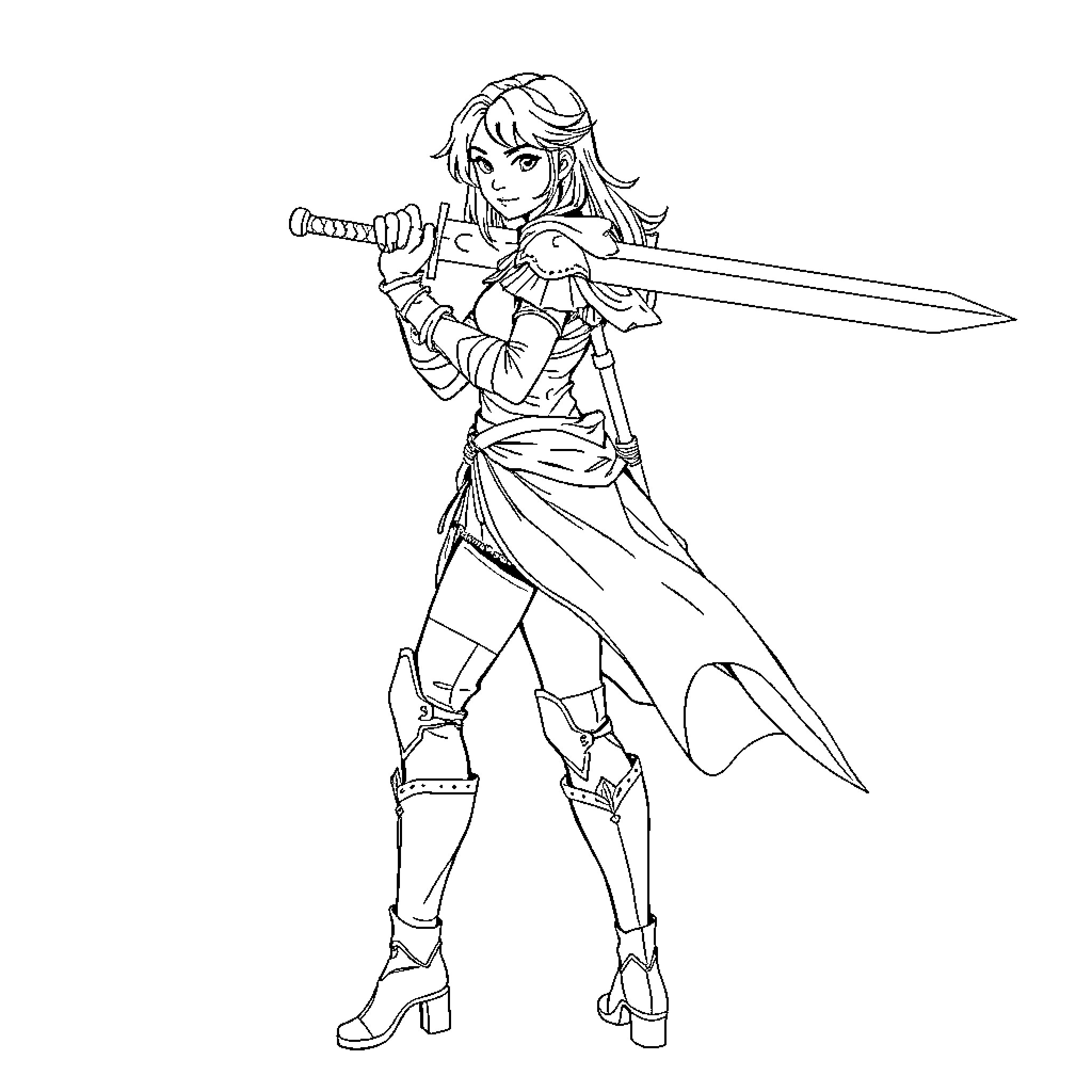 Woman wielding a sword in combat attire Coloring Page (free black-and-white line drawing printable PDF for all, from beginners to advanced learners, including children, teens, adults, and seniors)