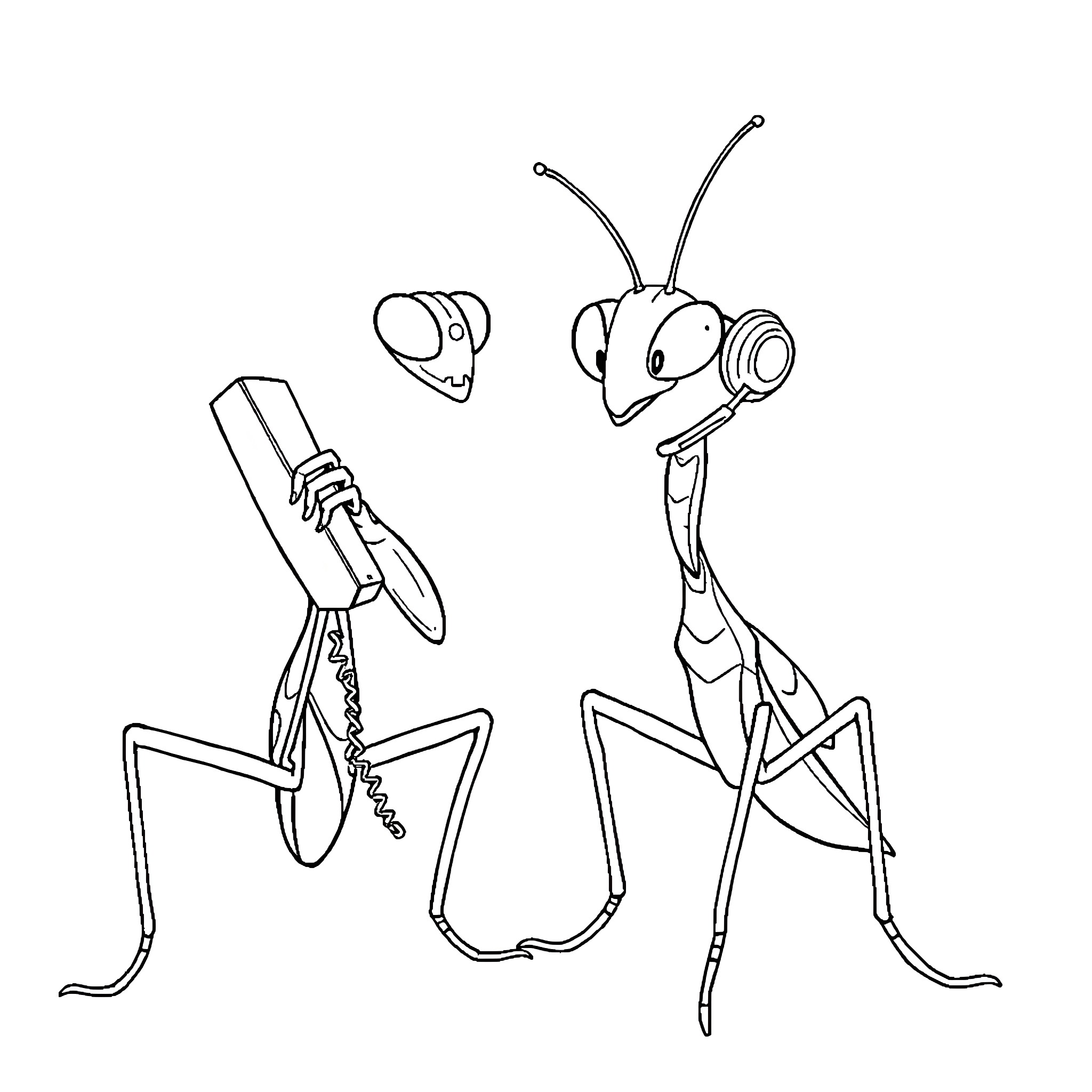 Praying Mantis wielding utensils and tools Coloring Page (free black-and-white line drawing printable PDF for all, from beginners to advanced learners, including children, teens, adults, and seniors)