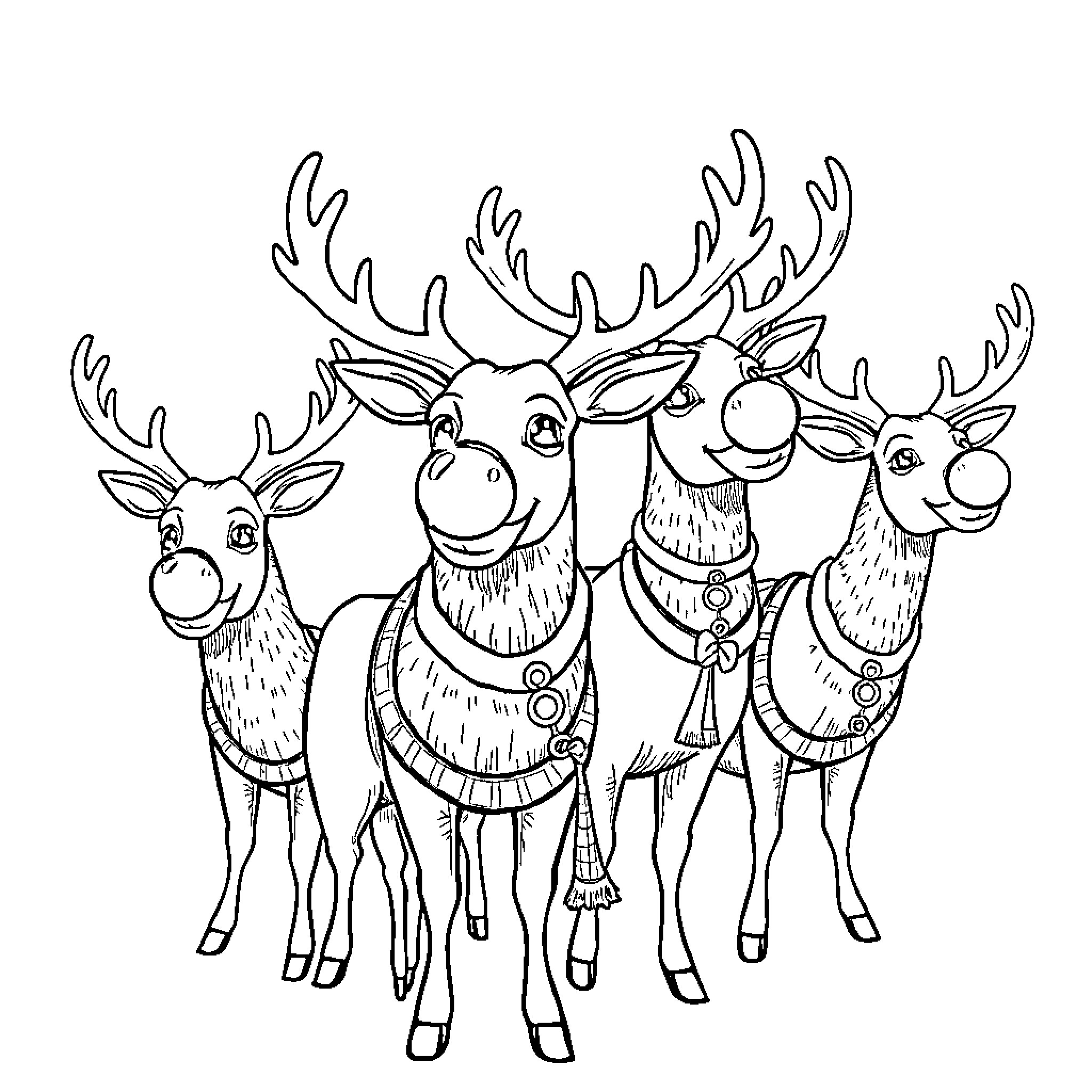 Reindeer in festive attire standing together Coloring Page (free black-and-white line drawing printable PDF for all, from beginners to advanced learners, including children, teens, adults, and seniors)