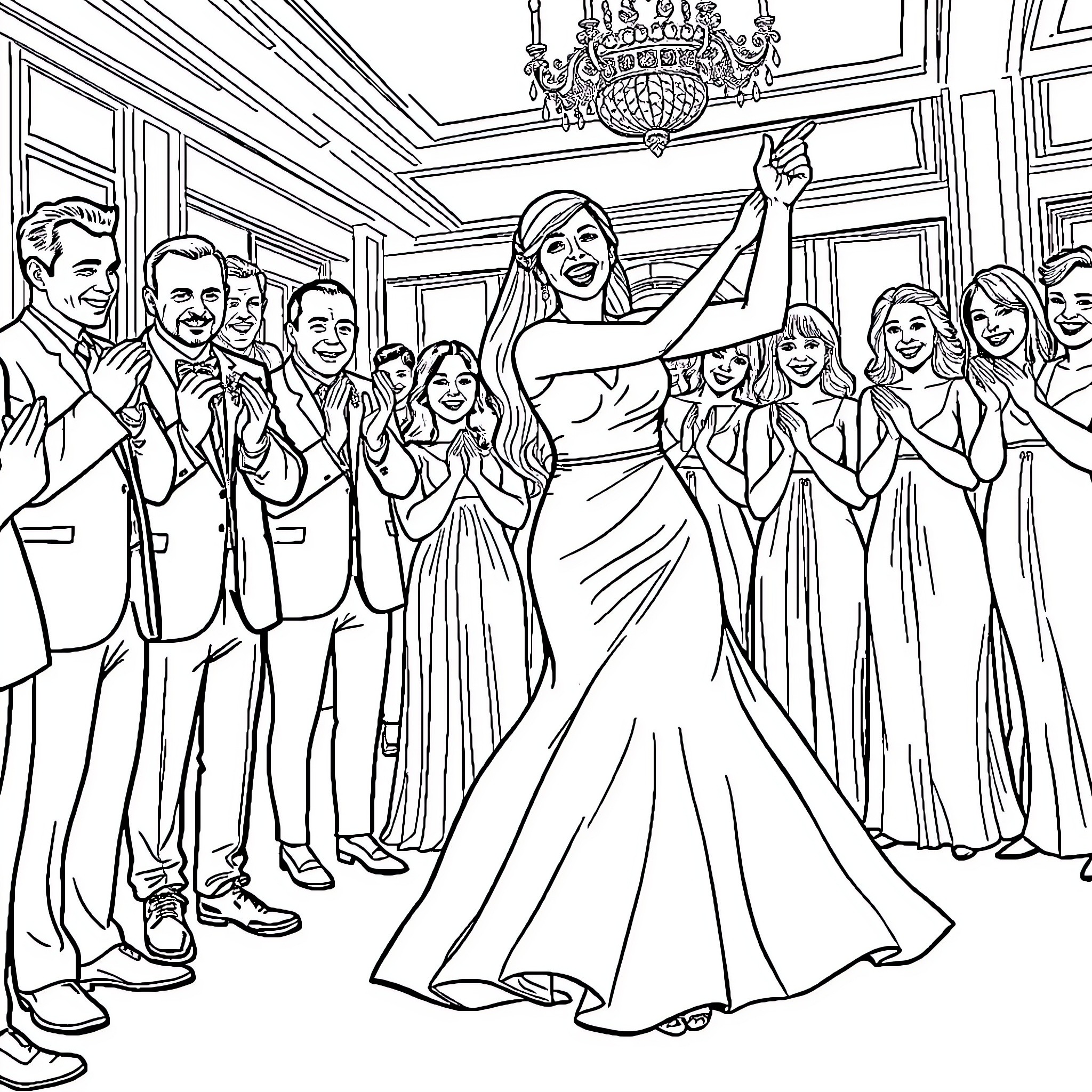Mariée célébrant joyeusement avec sa famille et ses amis Coloring Page (free black-and-white line drawing printable PDF for all, from beginners to advanced learners, including children, teens, adults, and seniors)