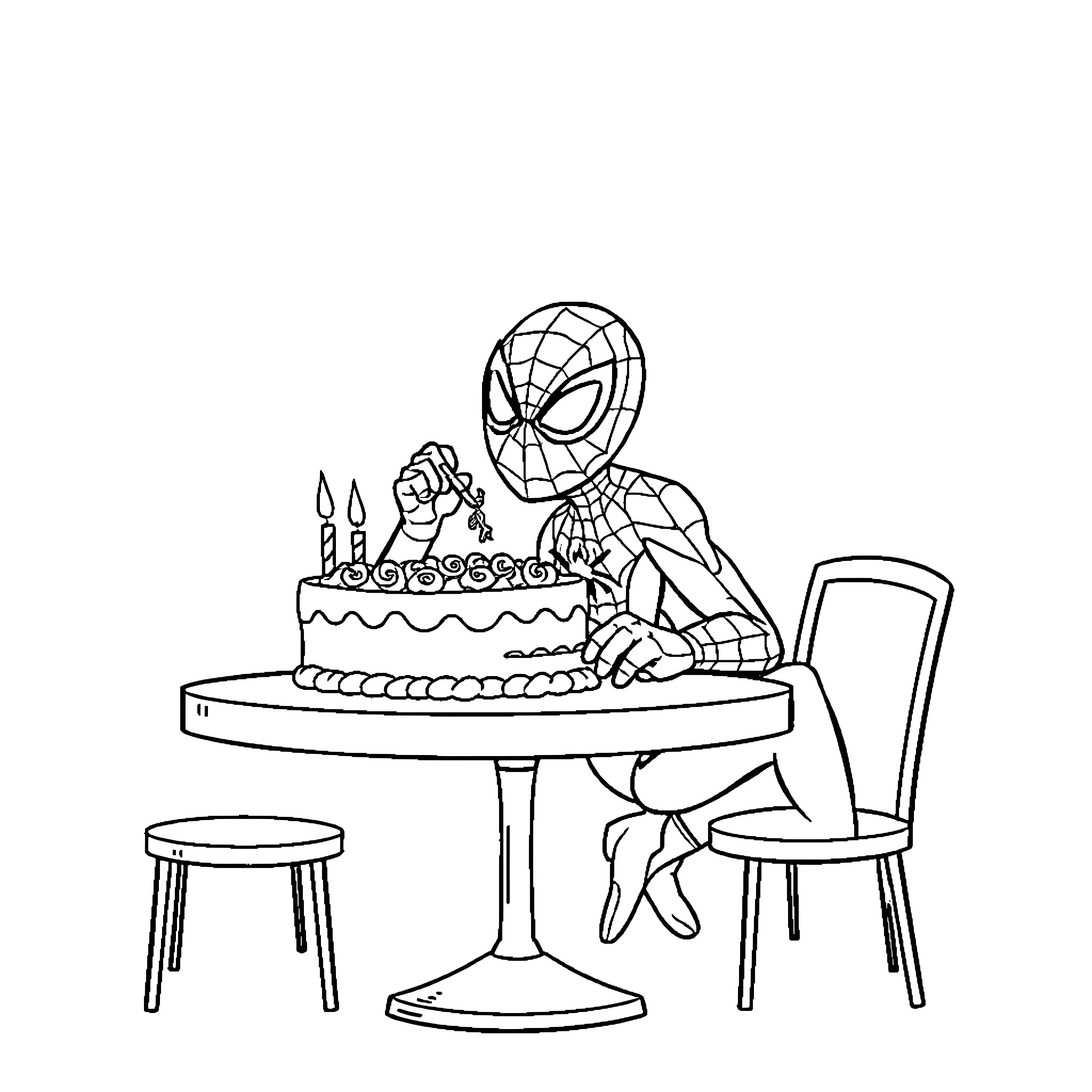Spider-Man celebrates birthday with cake and presents Coloring Page (free black-and-white line drawing printable PDF for all, from beginners to advanced learners, including children, teens, adults, and seniors)