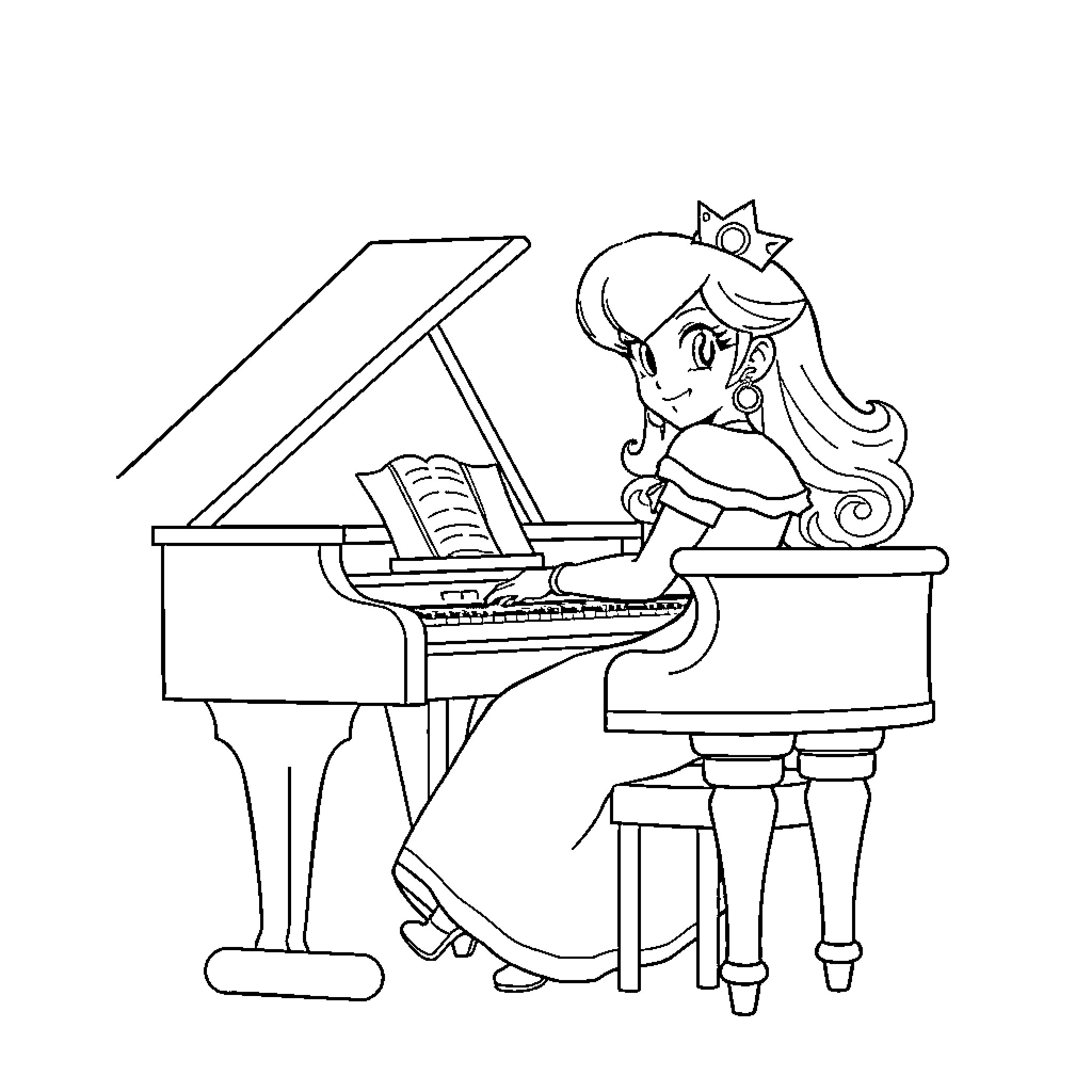 Princess playing piano with focus and passion Coloring Page (free black-and-white line drawing printable PDF for all, from beginners to advanced learners, including children, teens, adults, and seniors)