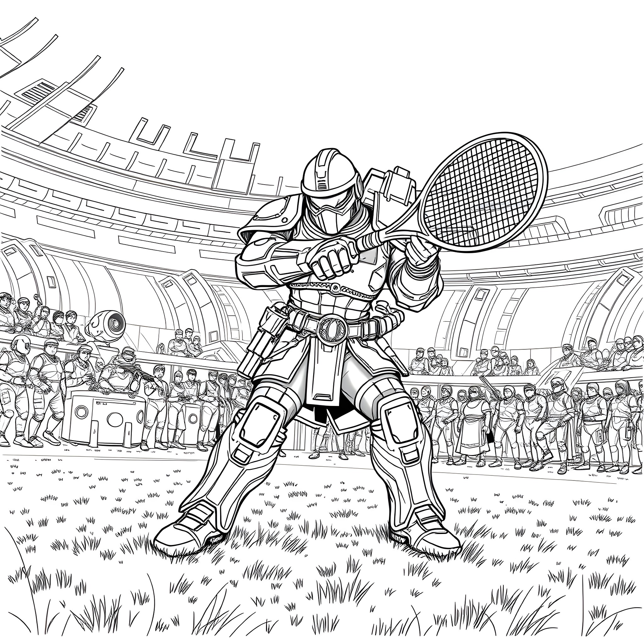 Space Marine Dominates Tennis Match in Futuristic Arena Coloring Page (free black-and-white line drawing printable PDF for all, from beginners to advanced learners, including children, teens, adults, and seniors)