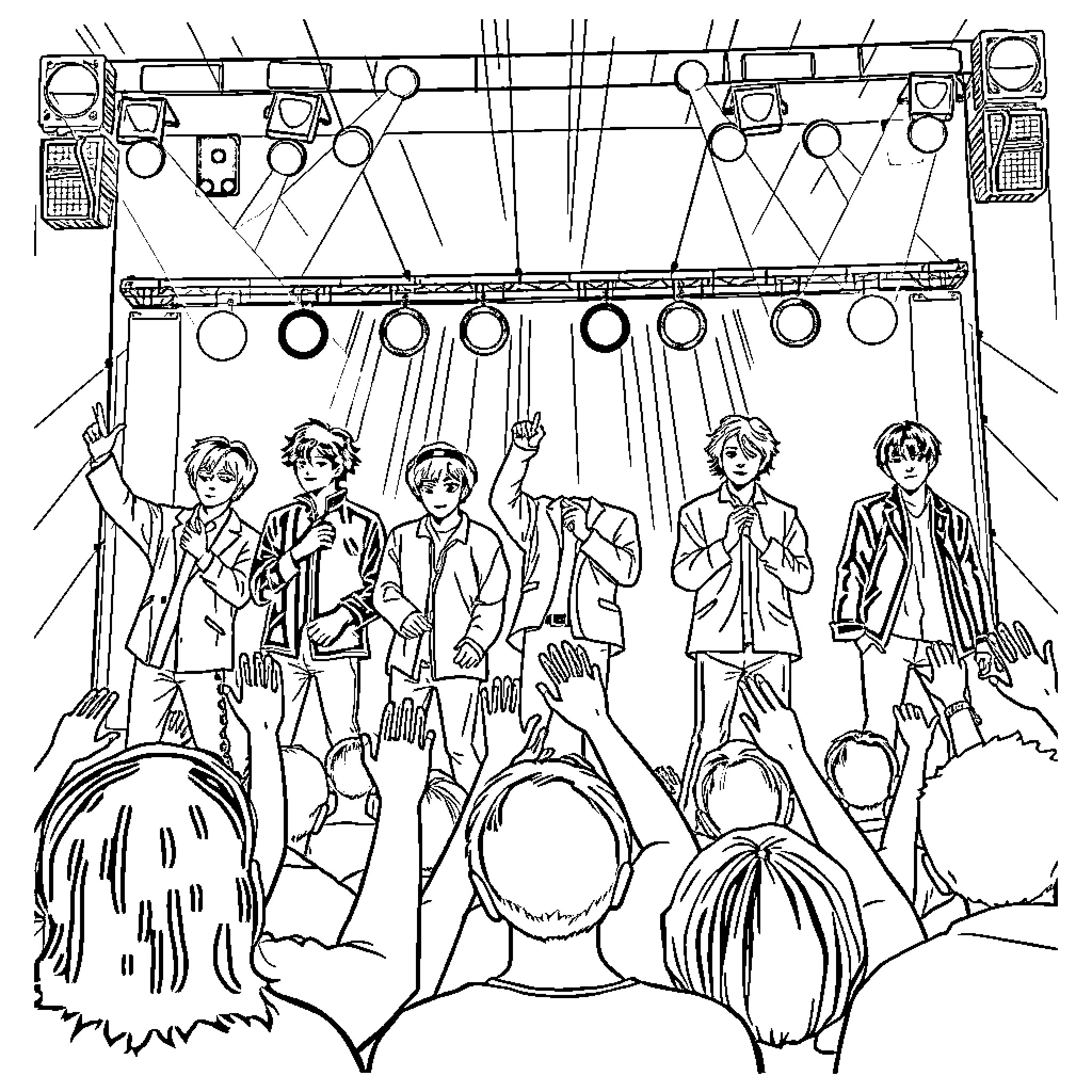 BTS Performing on Stage with Fans Coloring Page (free black-and-white line drawing printable PDF for all, from beginners to advanced learners, including children, teens, adults, and seniors)