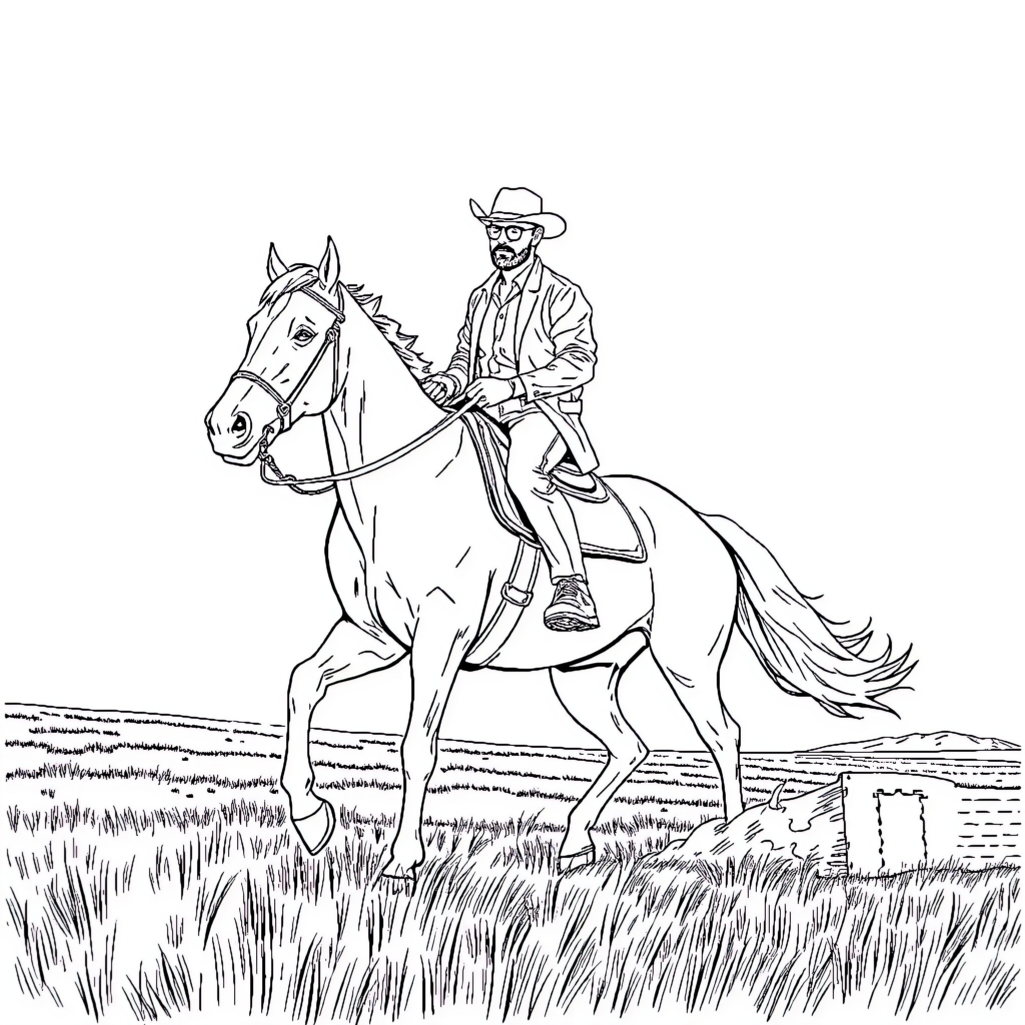Walter White riding a horse in the countryside Coloring Page (free black-and-white line drawing printable PDF for all, from beginners to advanced learners, including children, teens, adults, and seniors)