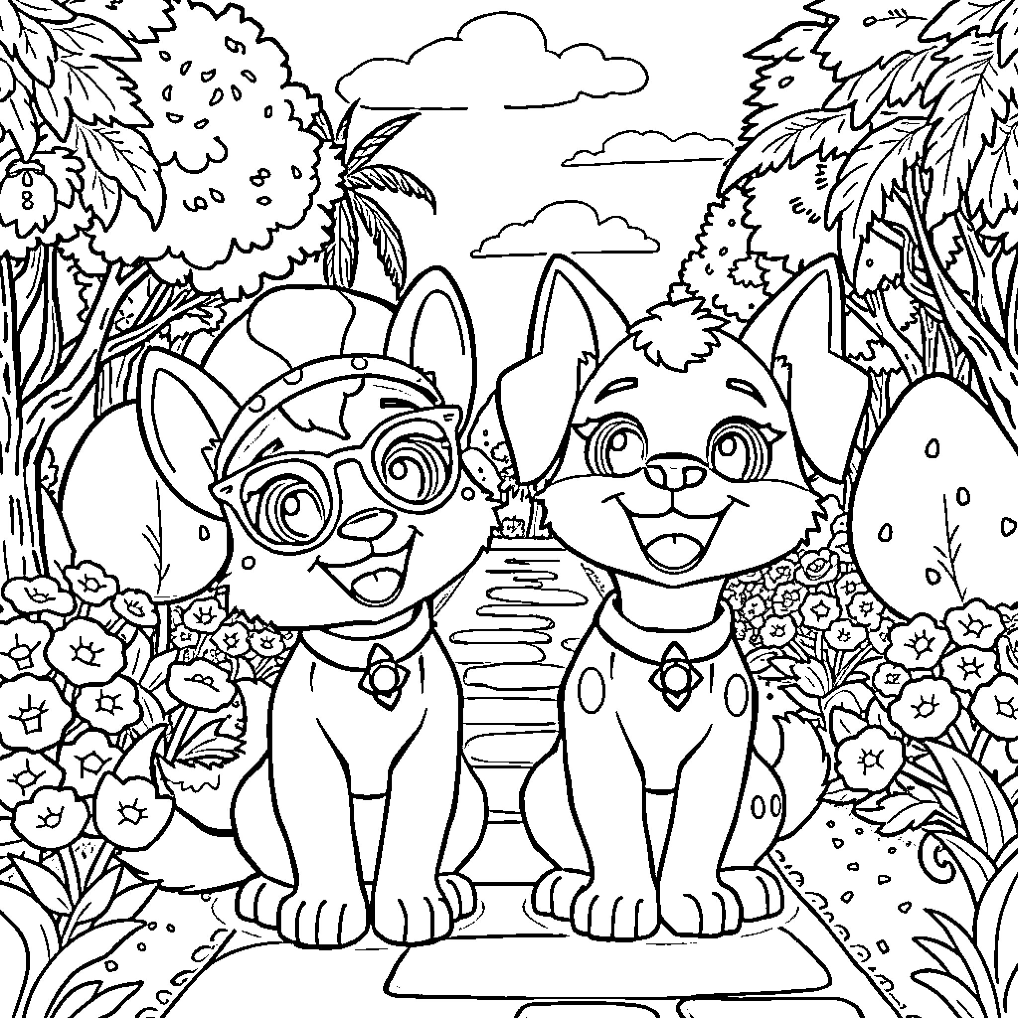 Vip Pets exploring the lush jungle Coloring Page (free black-and-white line drawing printable PDF for all, from beginners to advanced learners, including children, teens, adults, and seniors)