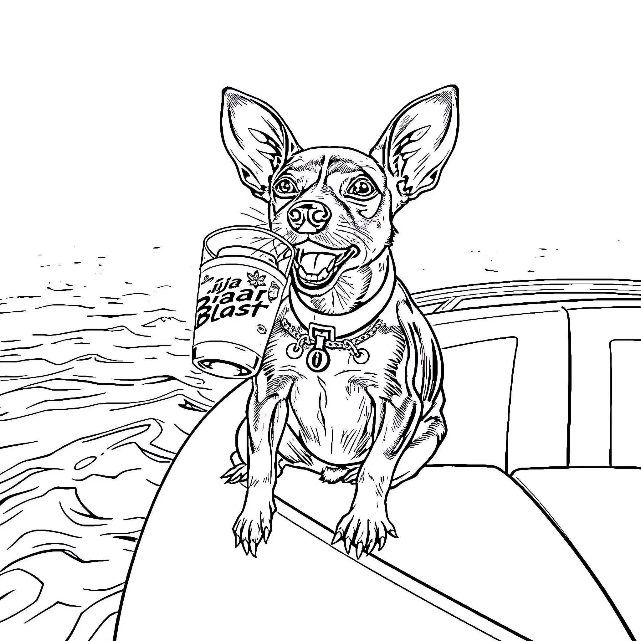 Rat Terrier enjoying refreshment on the beach Coloring Page (free black-and-white line drawing printable PDF for all, from beginners to advanced learners, including children, teens, adults, and seniors)