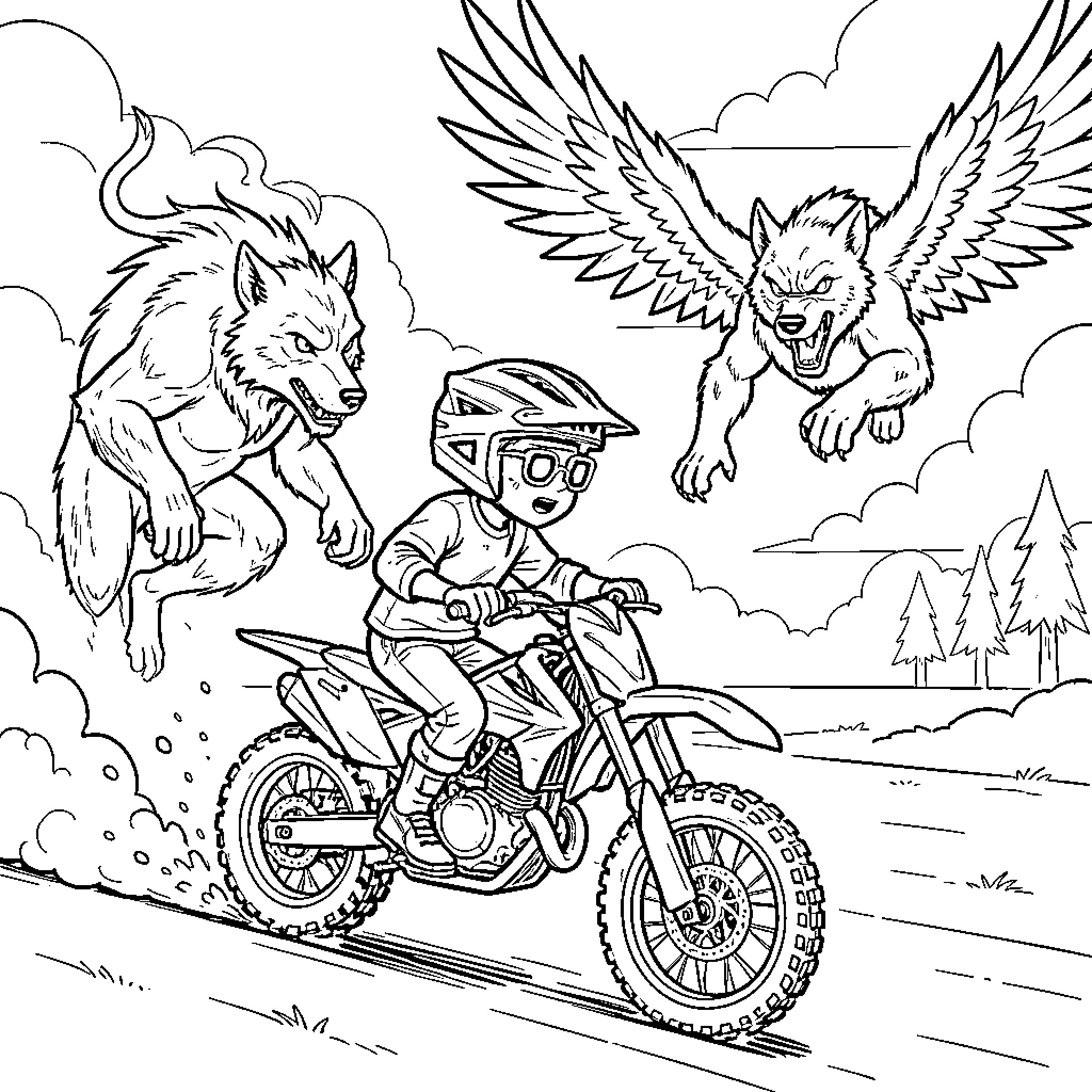 Kid Riding Motorcycle Chased by Winged Wolves Coloring Page (free black-and-white line drawing printable PDF for all, from beginners to advanced learners, including children, teens, adults, and seniors)