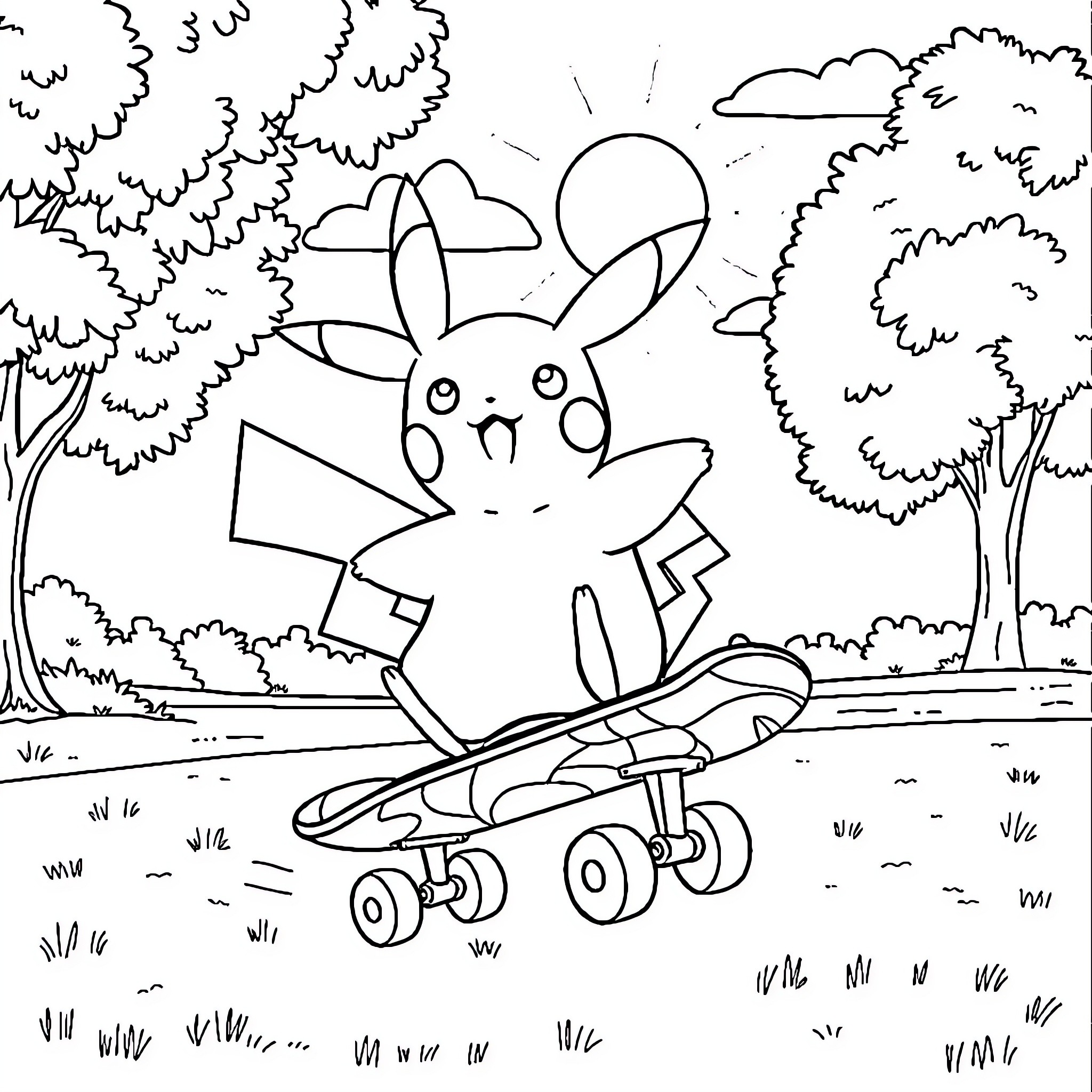 Pikachu riding a skateboard in a park Coloring Page (free black-and-white line drawing printable PDF for all, from beginners to advanced learners, including children, teens, adults, and seniors)