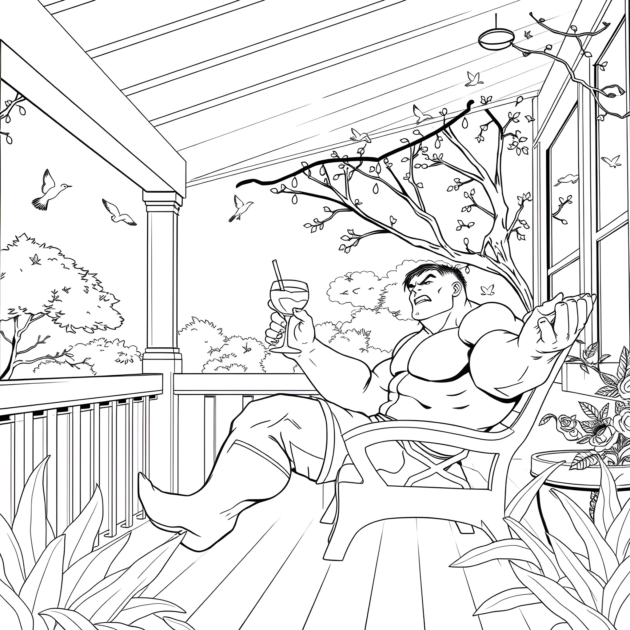Hulk relaxing on the patio with a drink Coloring Page (free black-and-white line drawing printable PDF for all, from beginners to advanced learners, including children, teens, adults, and seniors)