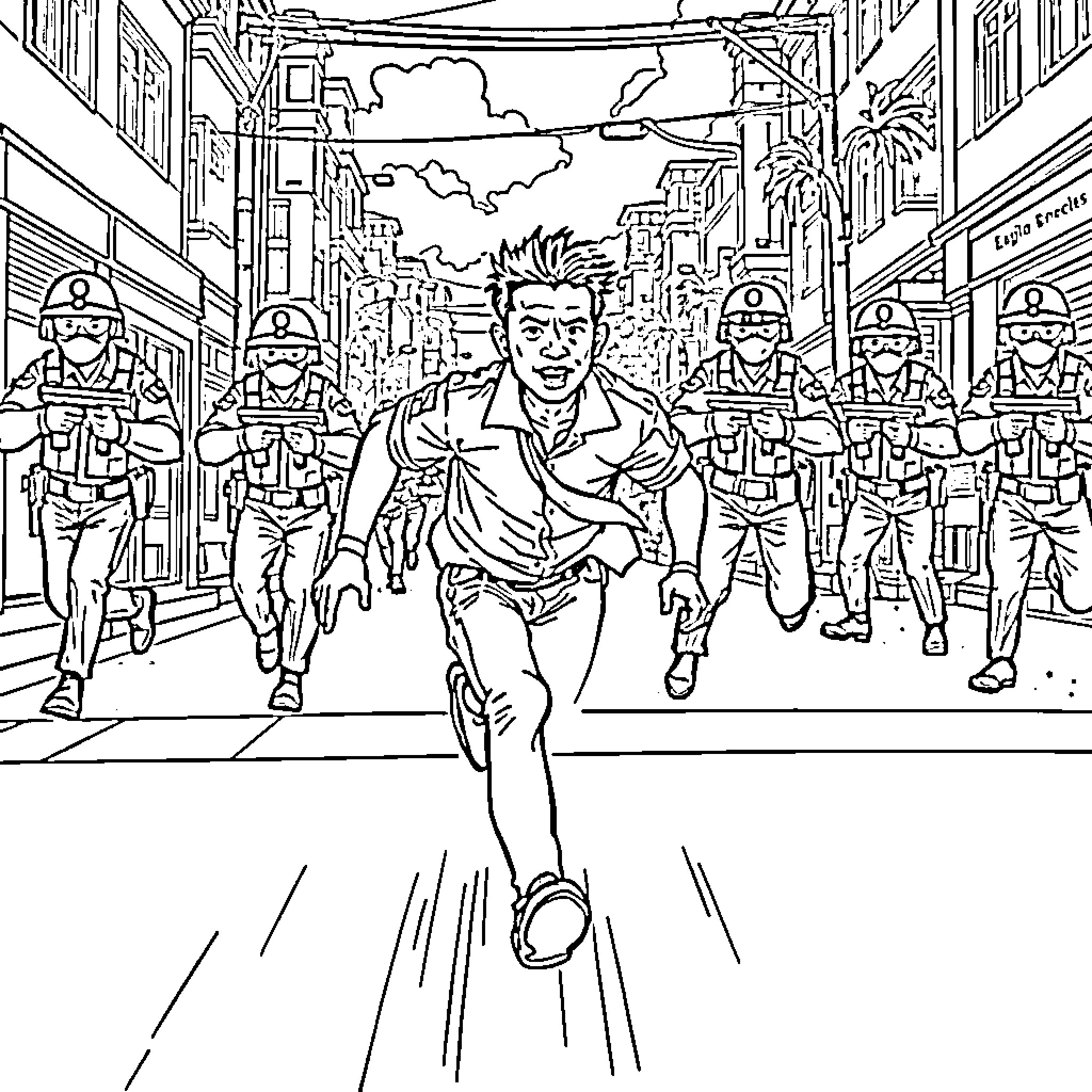 Filipino man running from authorities in a city Coloring Page (free black-and-white line drawing printable PDF for all, from beginners to advanced learners, including children, teens, adults, and seniors)