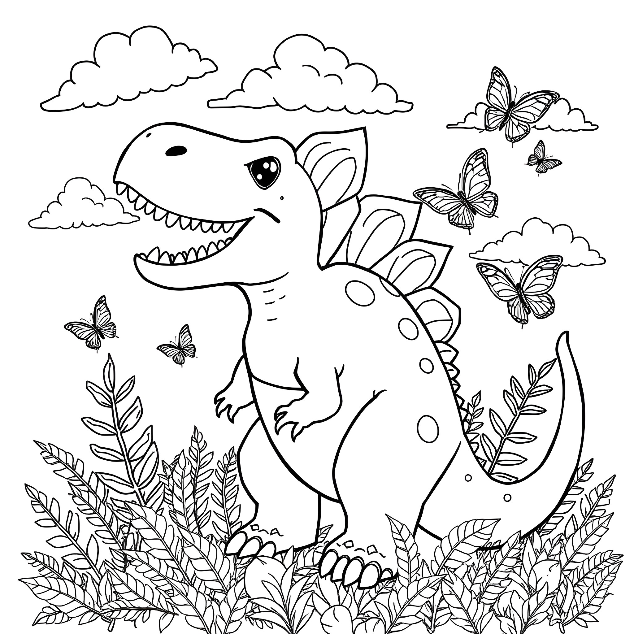 Dinosaur playing happily with butterflies in the park Coloring Page (free black-and-white line drawing printable PDF for all, from beginners to advanced learners, including children, teens, adults, and seniors)