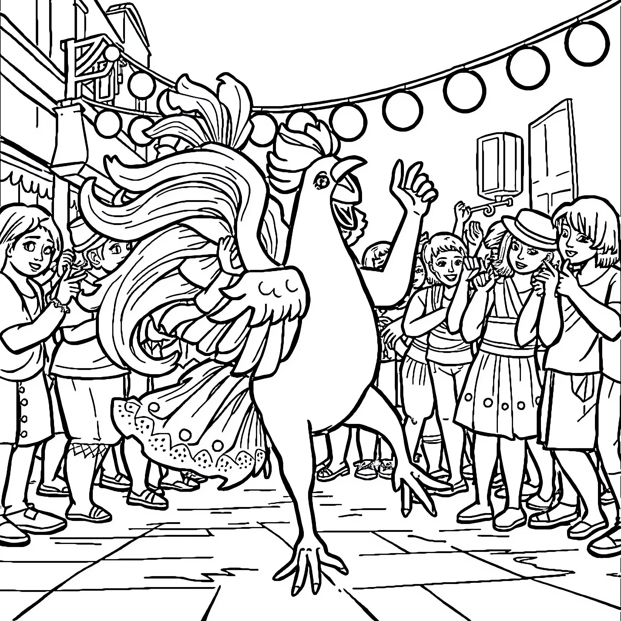 Murga dancing and reveling with a crowd Coloring Page (free black-and-white line drawing printable PDF for all, from beginners to advanced learners, including children, teens, adults, and seniors)